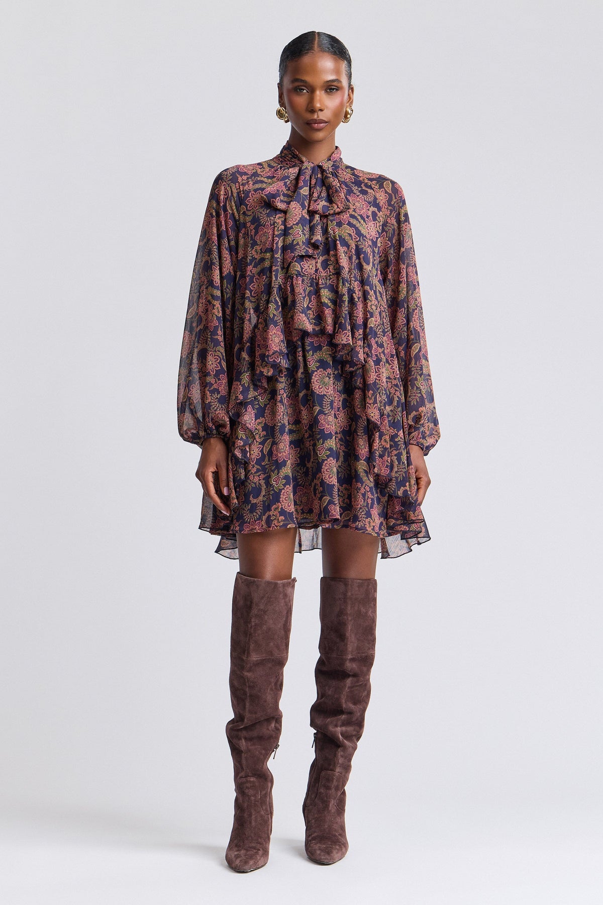 Chiffon ruffle long sleeve floral mini dress with a tie neck - Shop women's mini floral dresses by Avec Les Filles.