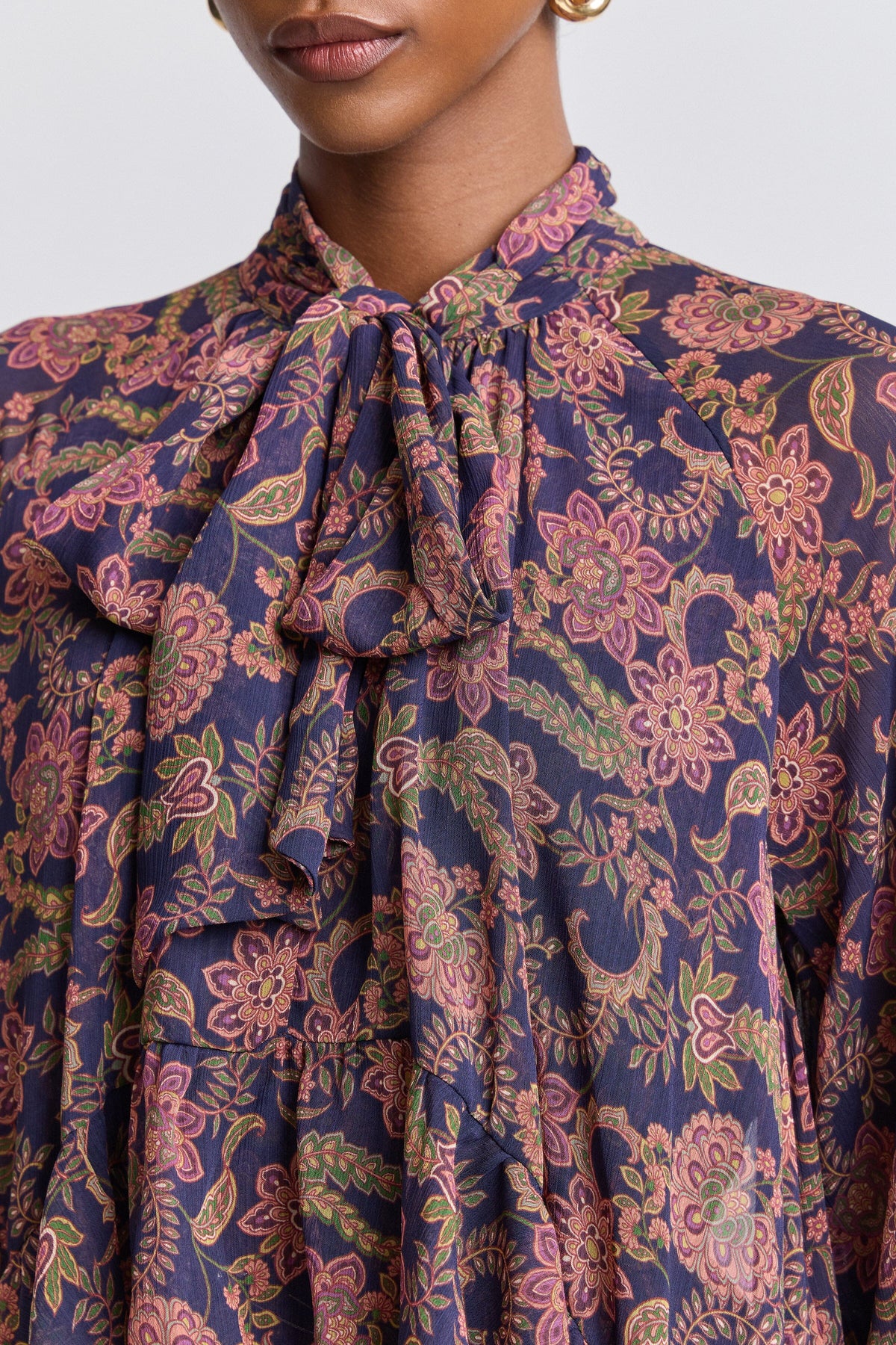 Paisley ruffle long sleeve floral dress mini with a tie neck - Shop women's mini floral dresses by Avec Les Filles.