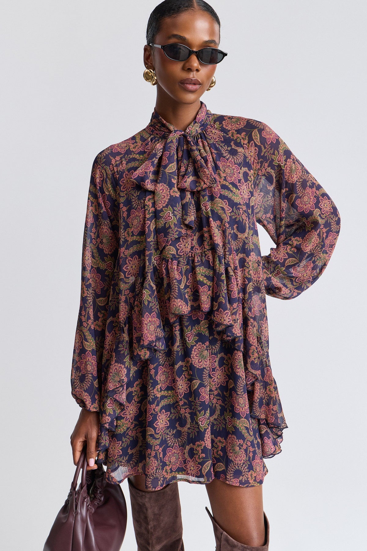 Paisley ruffle floral mini dress long sleeve with a tie neck - Shop women's mini floral dresses by Avec Les Filles.
