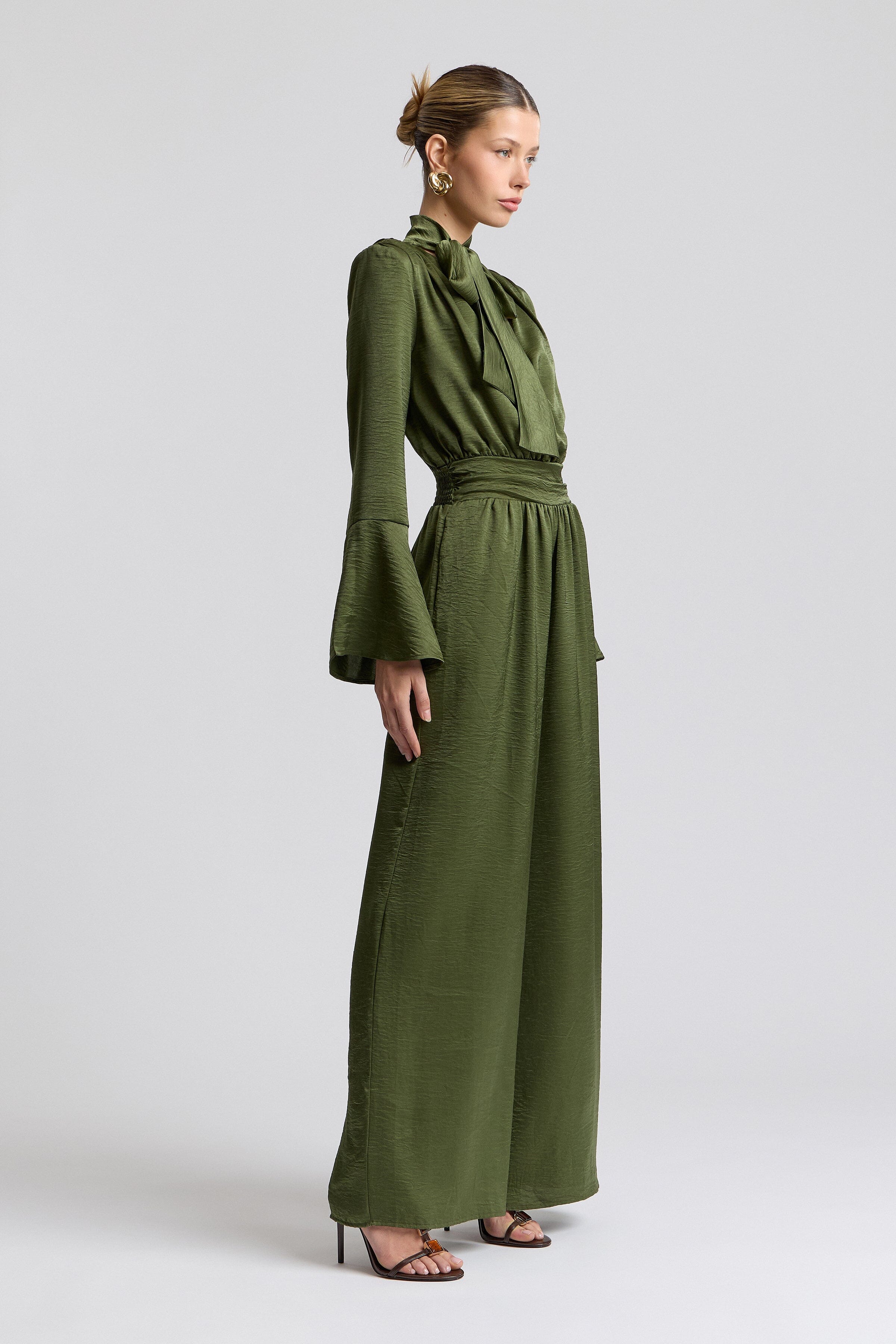Tie-neck olive green jumpsuit with long slim sleeves - Shop women's cute satin jumpsuits by Avec Les Filles.