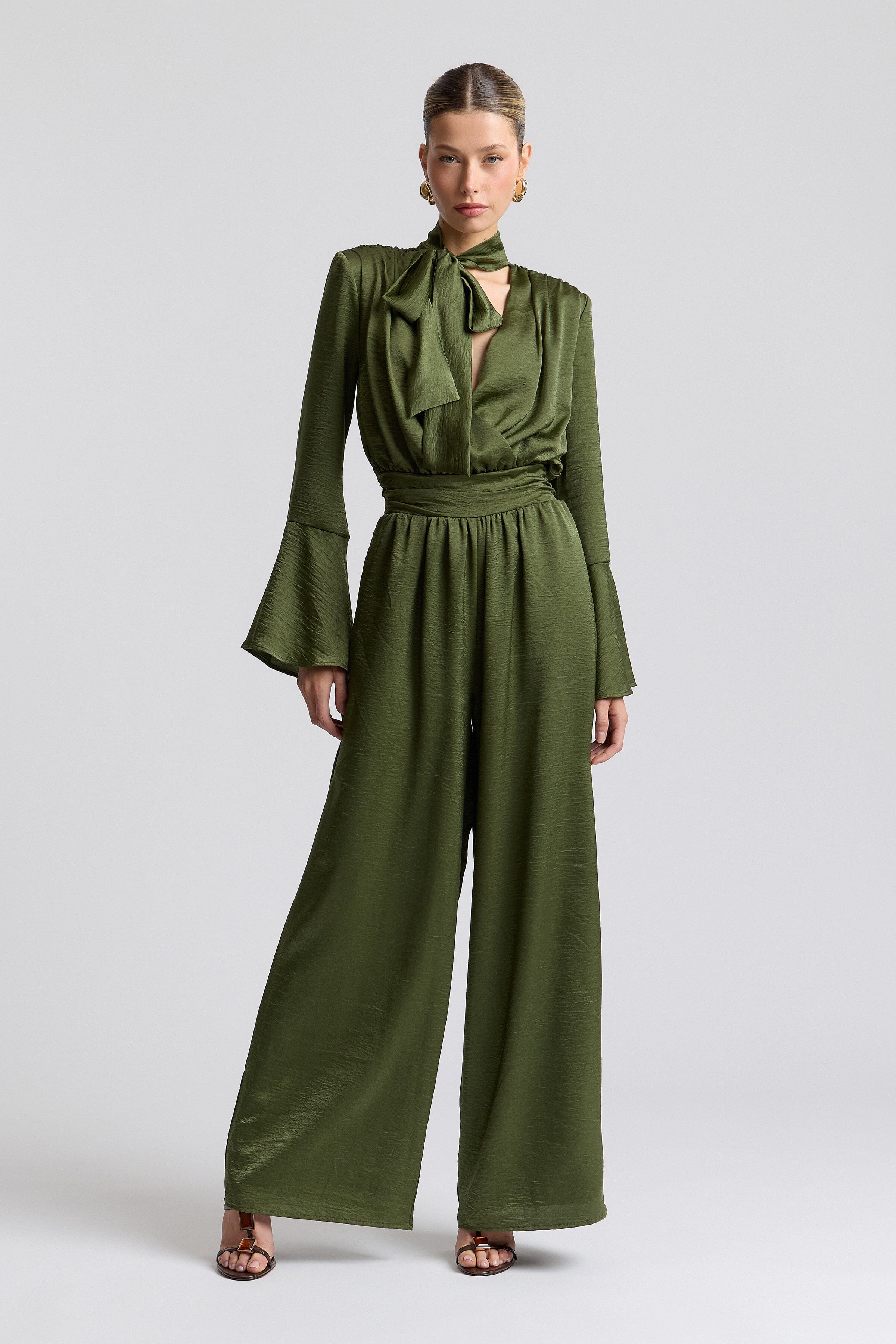 Tie-neck olive green satin jumpsuit with high neck and long slim sleeves  - Shop cute satin jumpsuits by Avec Les Filles.