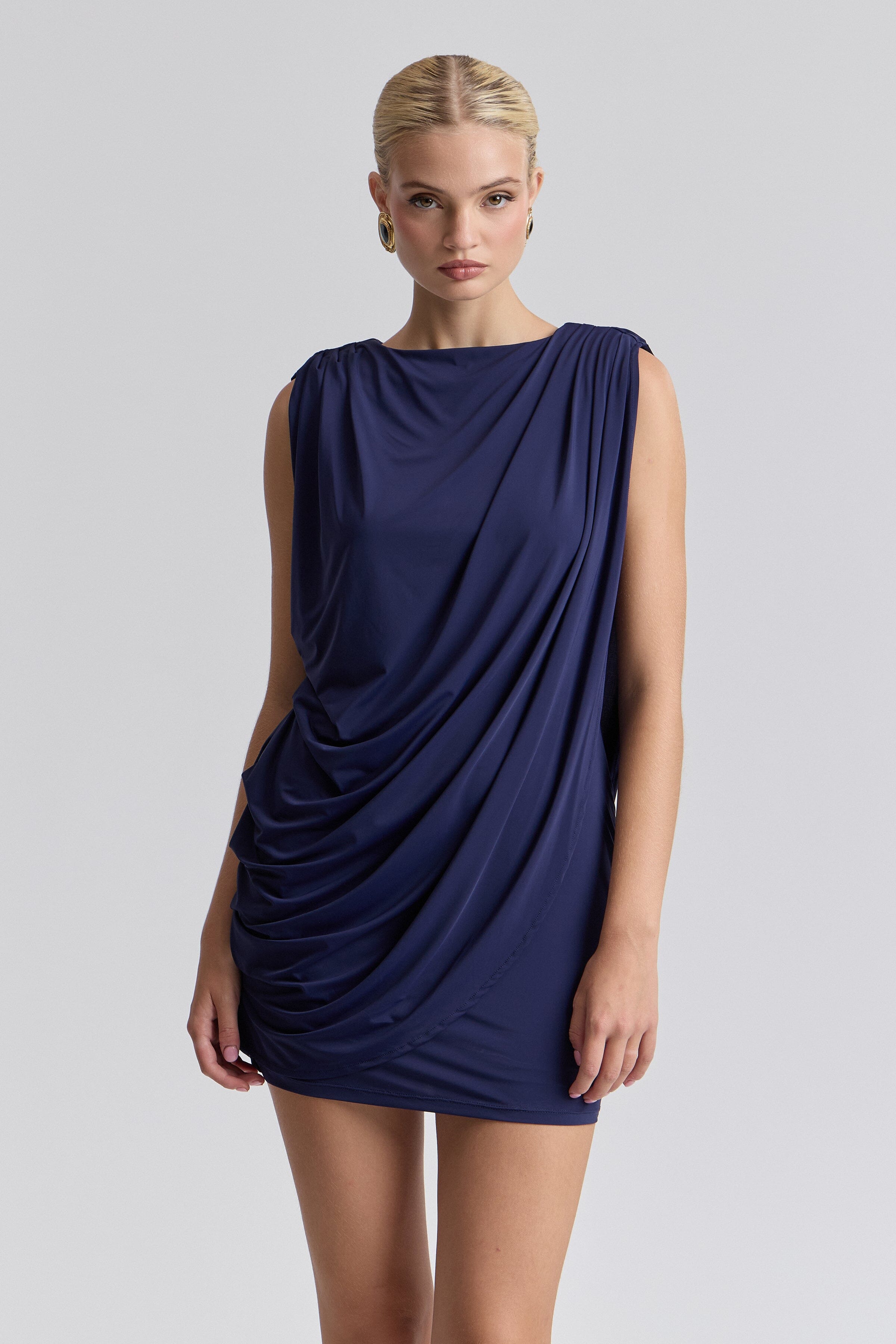 Asymmetric sleeveless drape jersey navy mini dress with boat neck - Shop women's cute mini dresses by Avec Les Filles.
