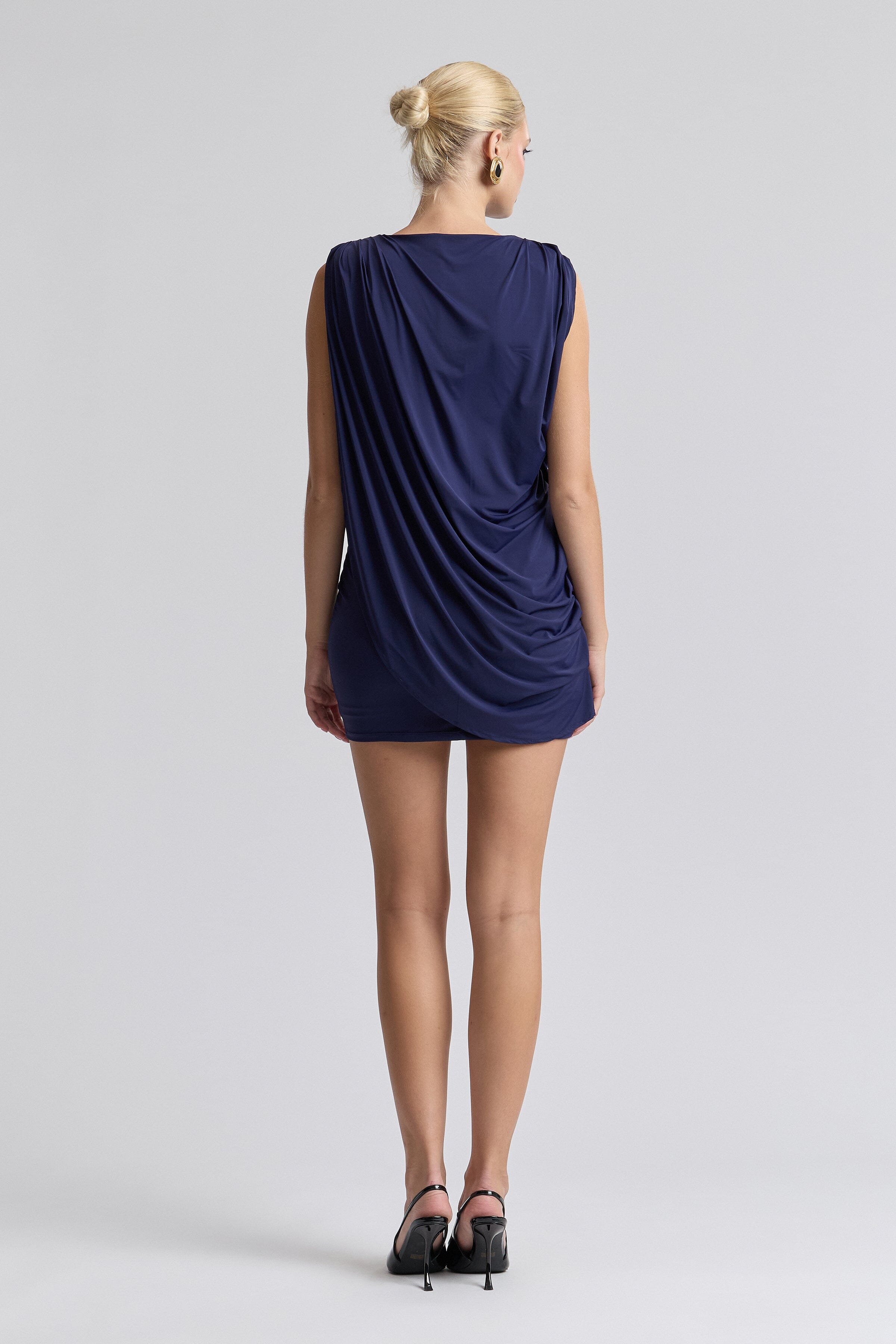 Asymmetric sleeveless drape jersey mini navy blue dress short - Shop women's cute mini dresses by Avec Les Filles.
