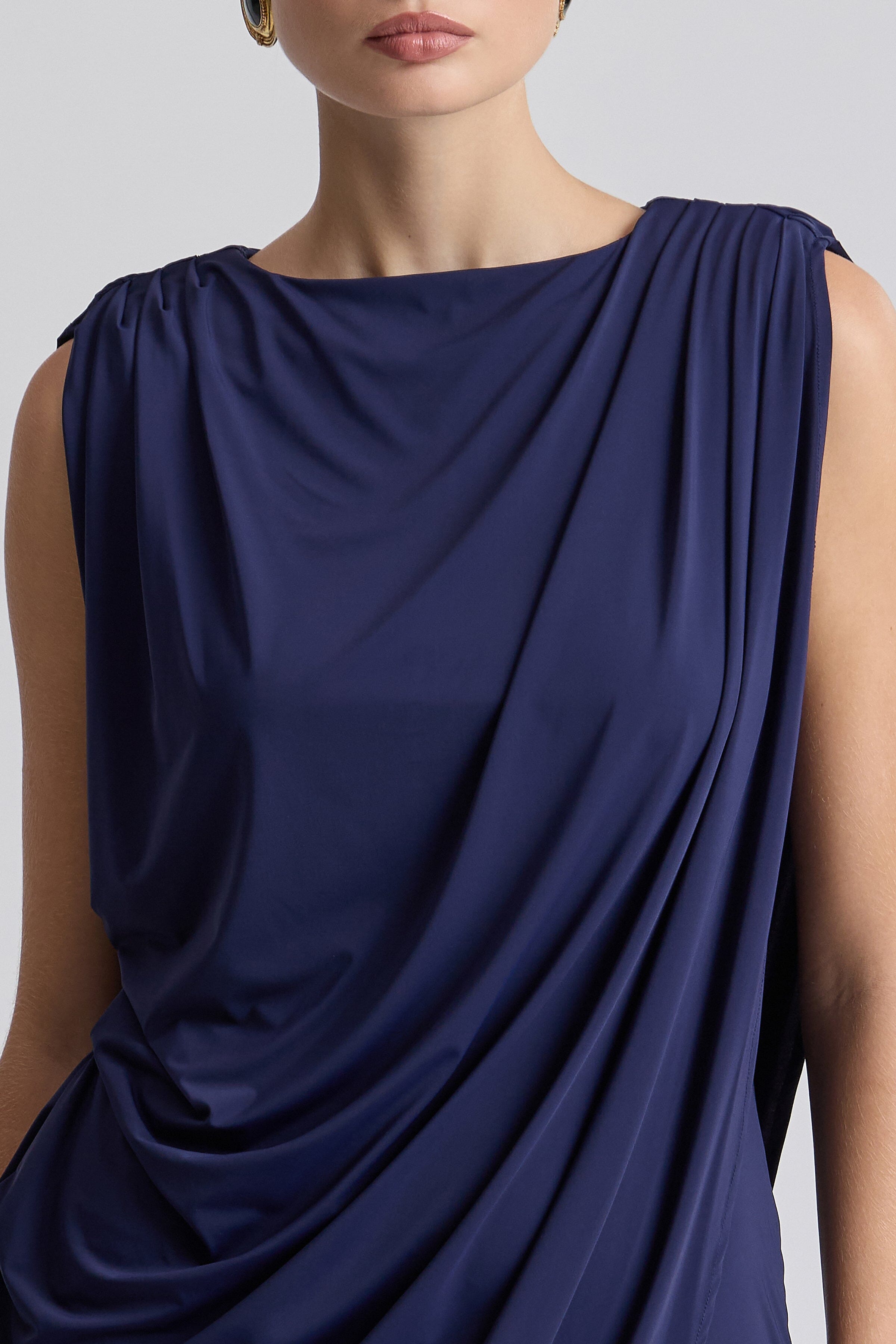 Drape jersey navy blue asymmetric mini dress with boat neck - Shop women's cute mini dresses by Avec Les Filles.
