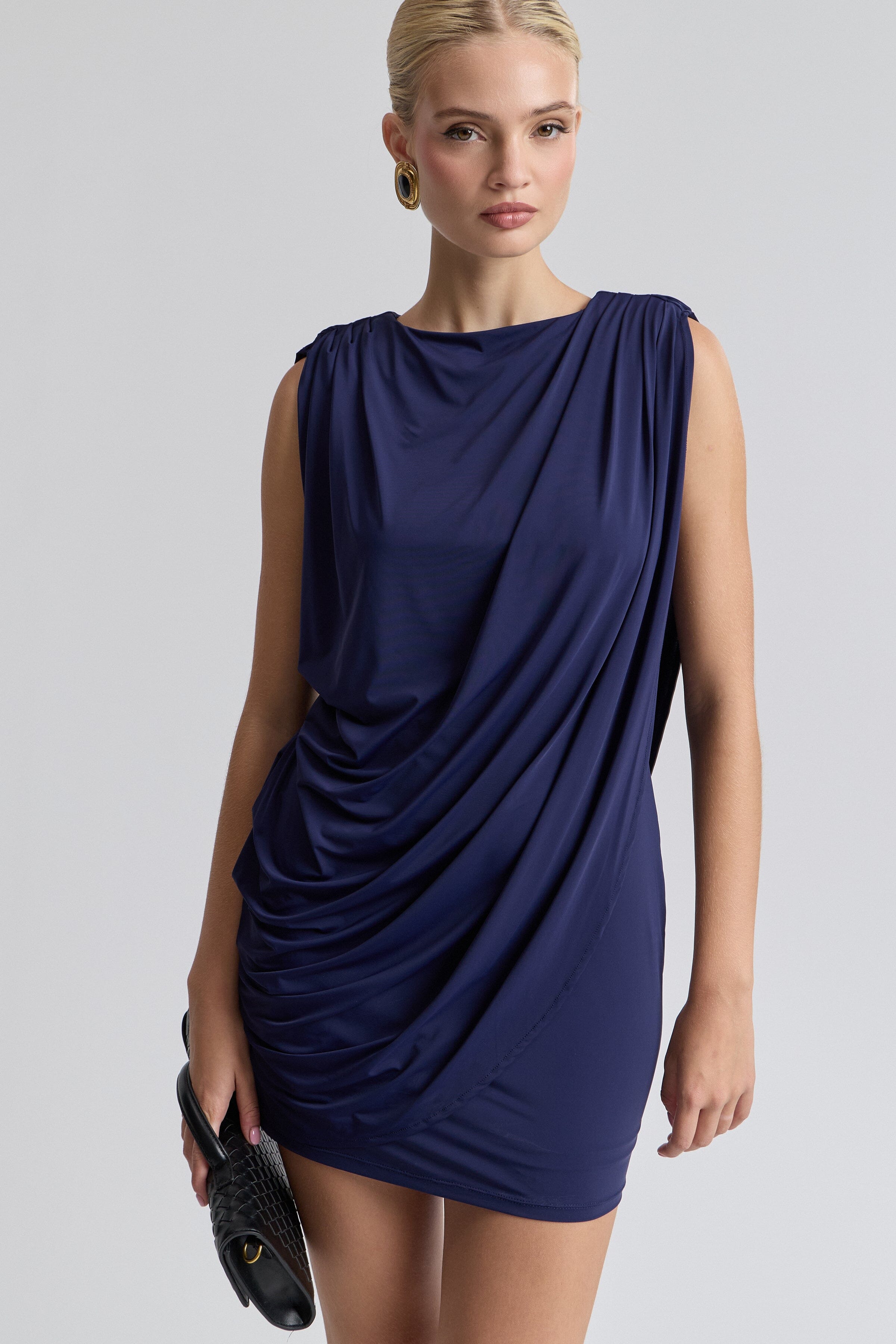 Asymmetric sleeveless navy blue dress mini with boat neck - Shop women's cute mini dresses by Avec Les Filles.