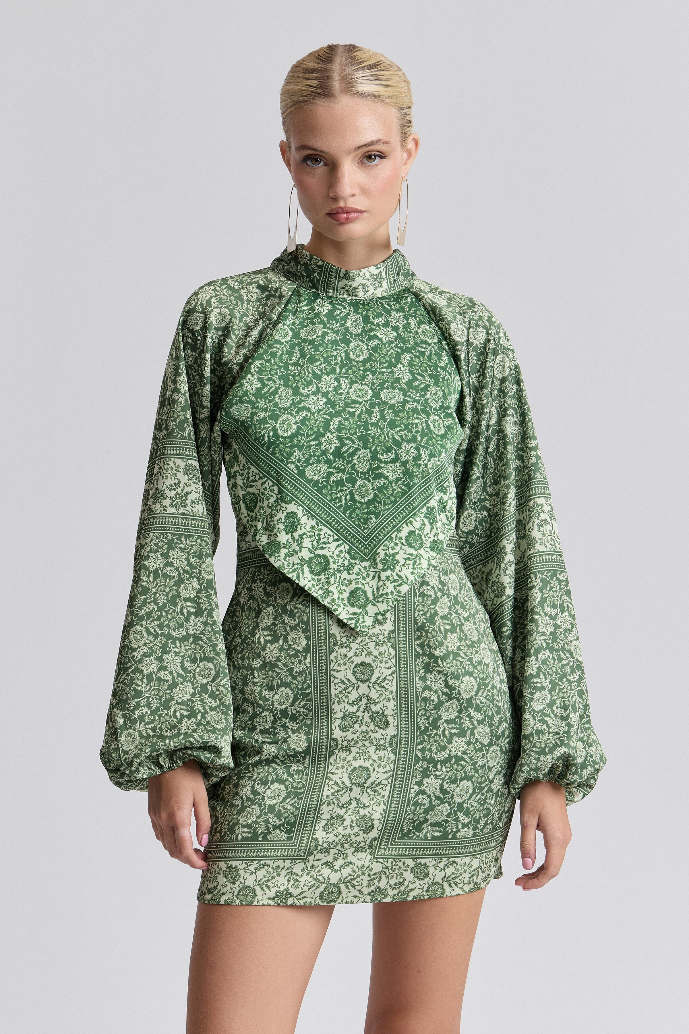 Printed satin scarf-neck mini green floral dress with long balloon sleeves - Shop women's mini dresses​ by Avec Les Filles.