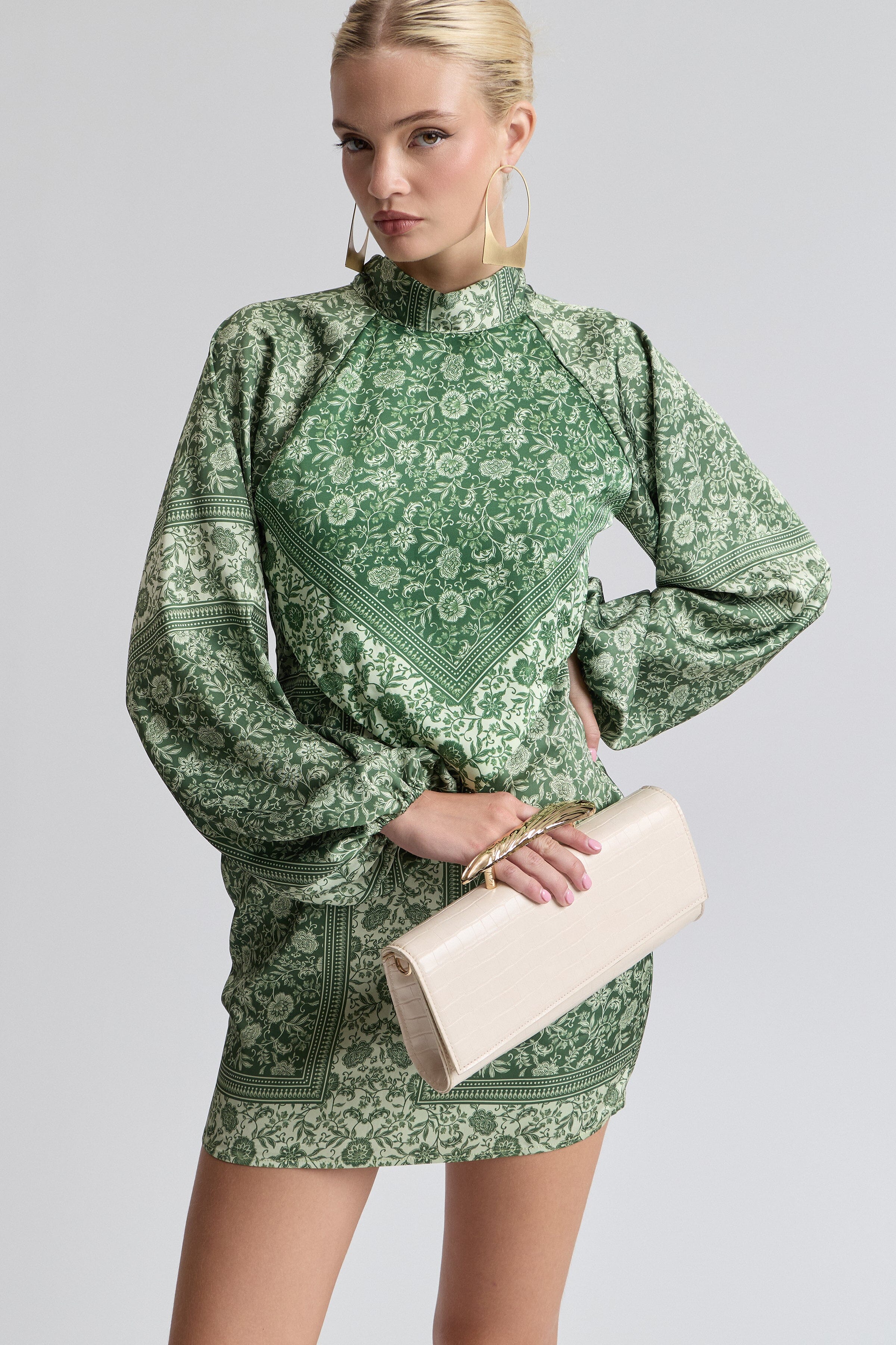 Printed satin scarf-neck green floral dress with high neck - Shop women's cute mini dresses​ by Avec Les Filles.