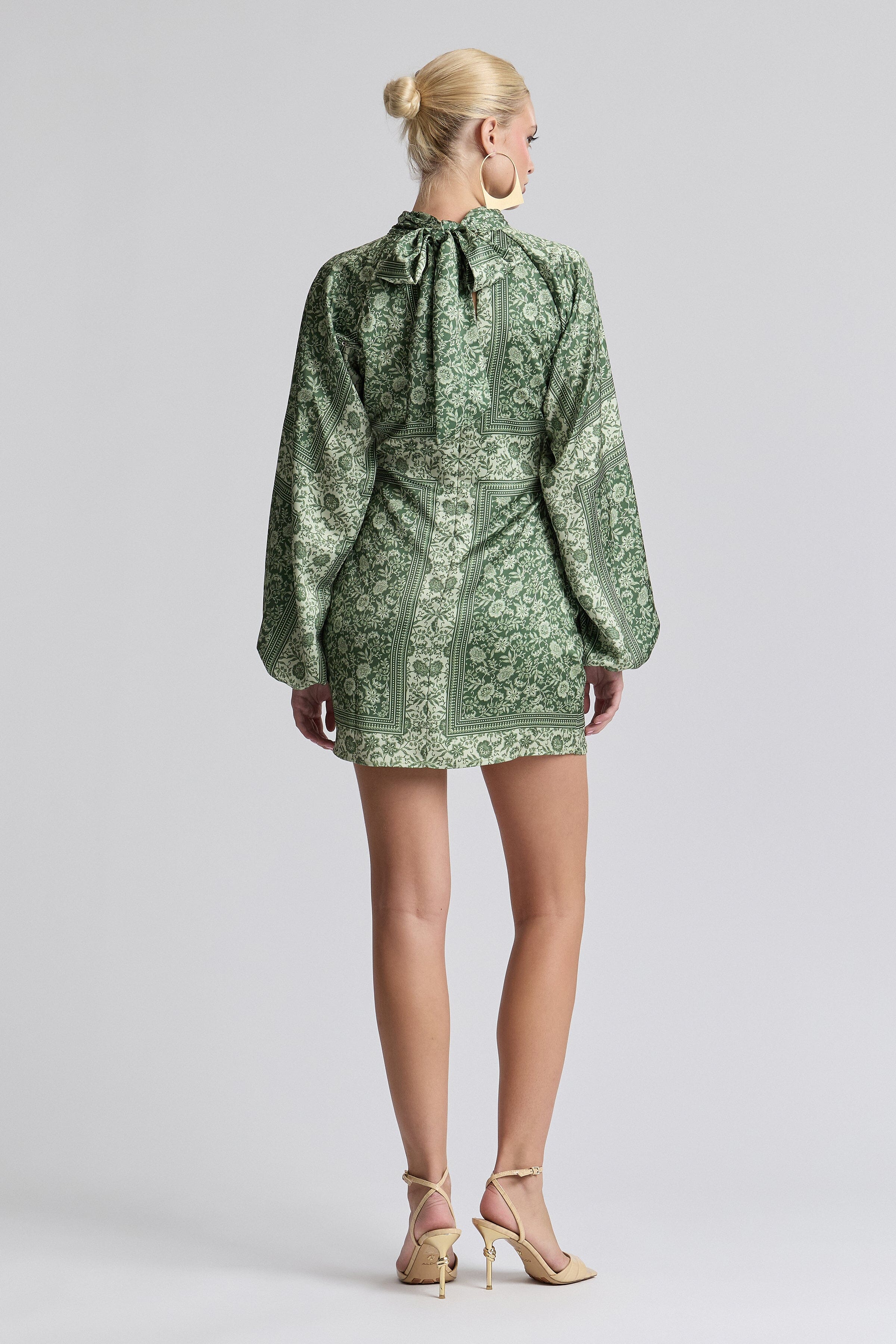 Printed satin scarf-neck green floral mini dress - Shop women's cute green long sleeve dresses​ by Avec Les Filles.