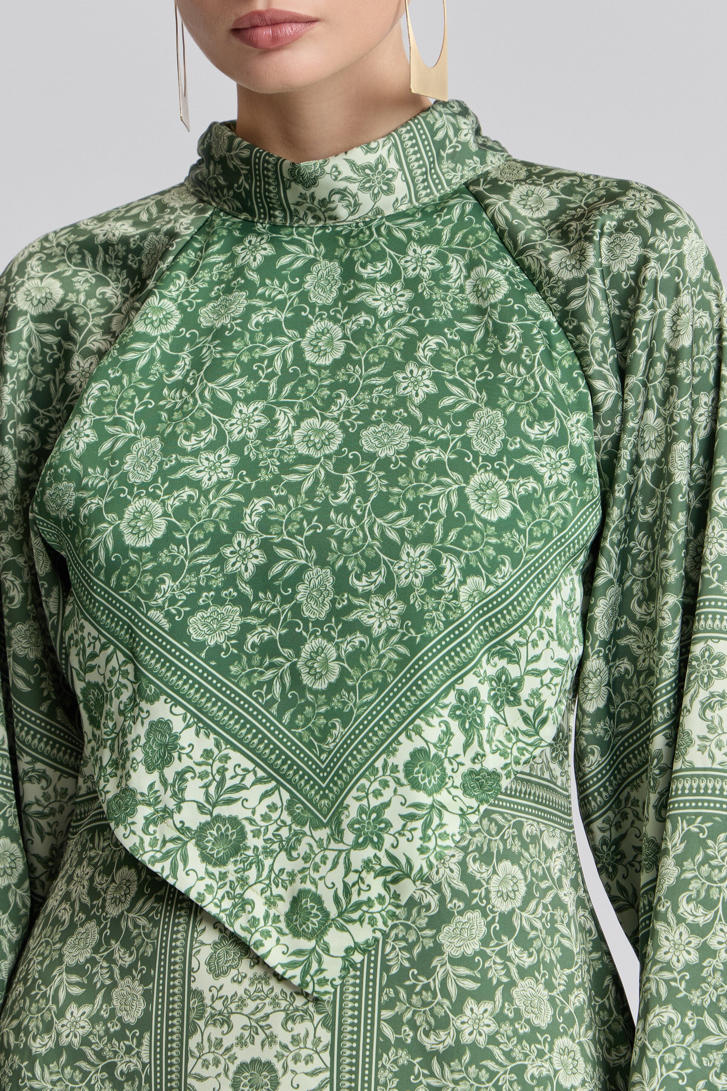 Printed satin scarf-neck green floral mini dress with high neck - Shop women's cute mini dresses​ by Avec Les Filles.