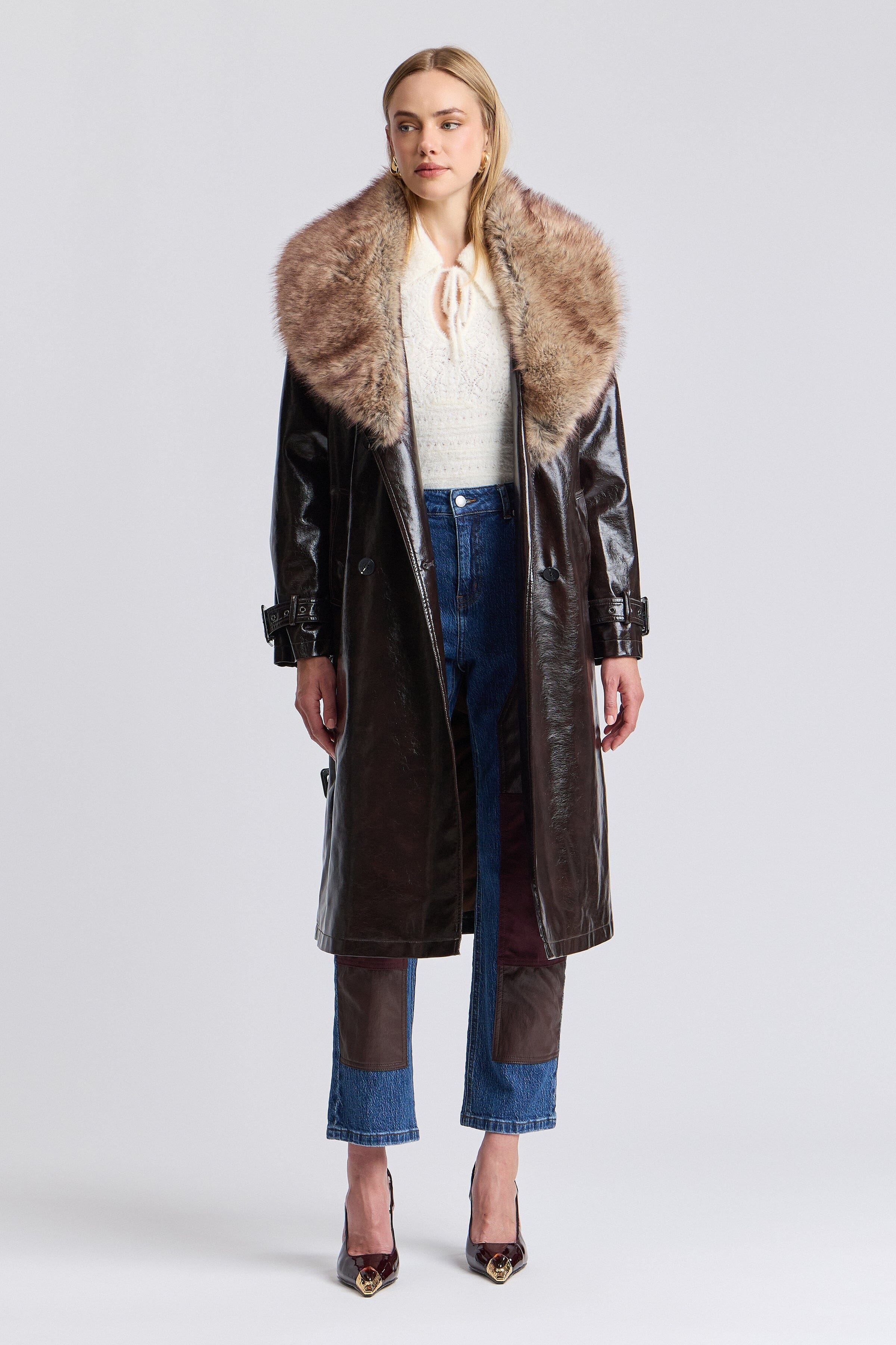 Dark brown faux leather trench coat with detachable collar - Shop women's trench coats by Avec Les Filles.