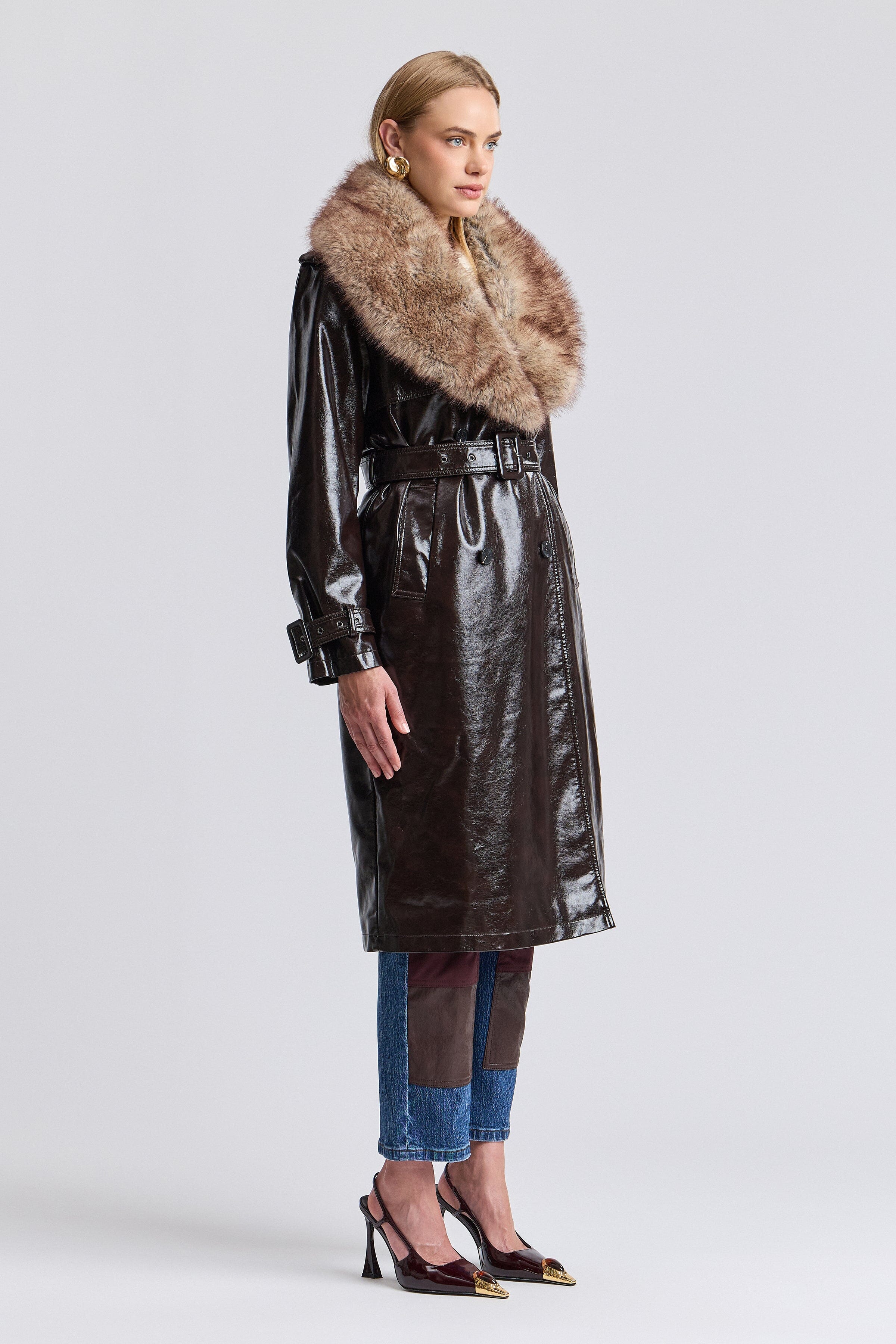 Brown faux leather trench coat with a belt and detachable collar - Shop women's coats by Avec Les Filles.