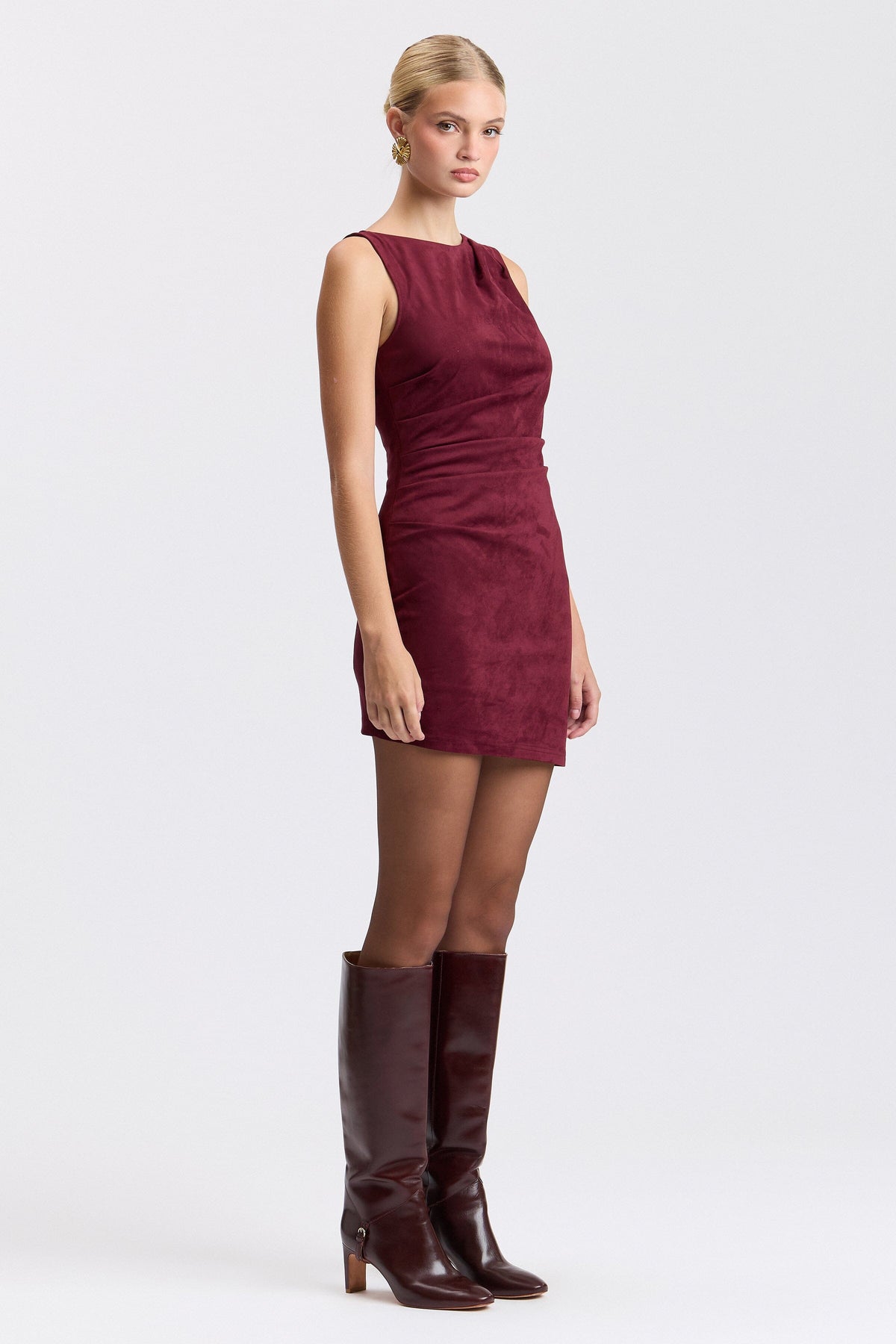 Sleeveless mini burgundy dress with asymmetrical neck - Shop women's cute mini dresses by Avec Les Filles.