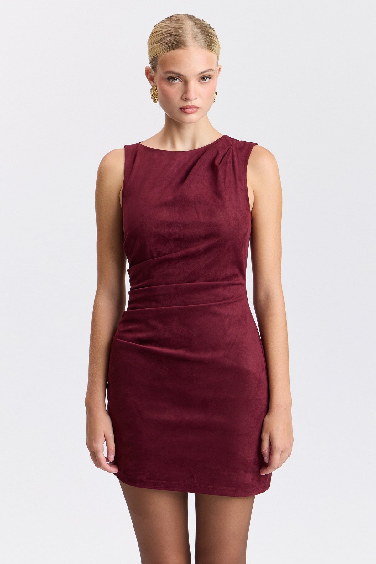 Sleeveless faux suede red mini dress - Shop designer women's cute mini dresses by Avec Les Filles.