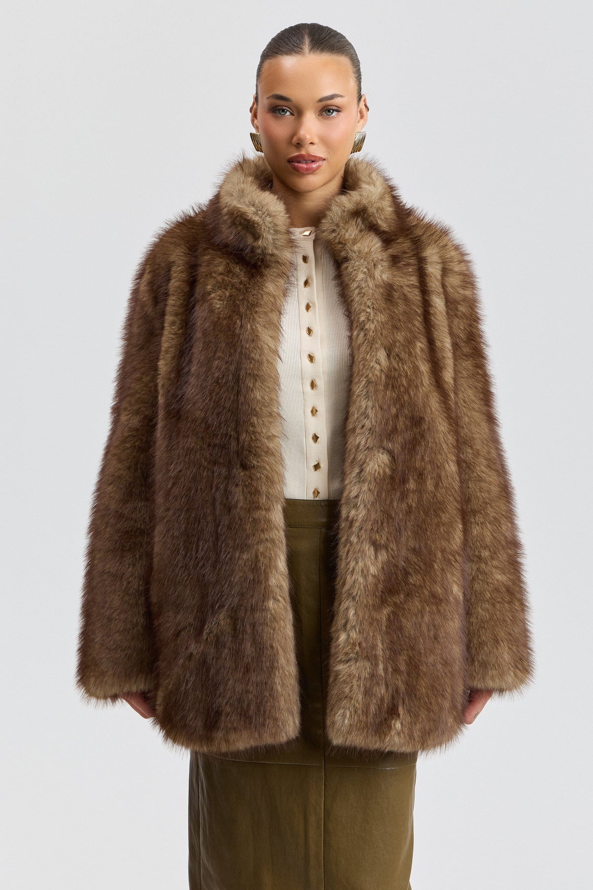 Long brown faux fur coat with stand collar and removable belt - Shop cute faux fur jackets by Avec Les Filles.