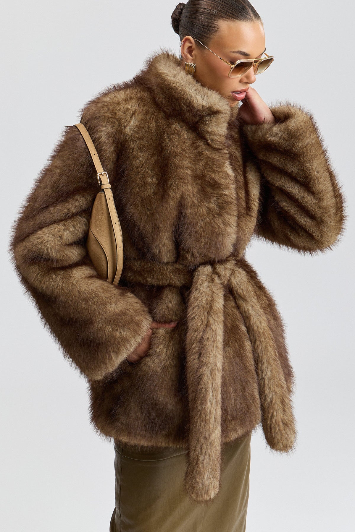 Brown faux fur coat long with a stand collar and removable belt - Shop cute faux fur jackets by Avec Les Filles.