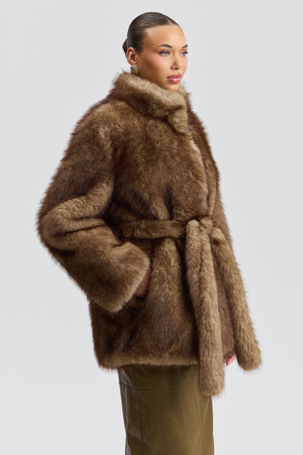 Long brown faux fur coat with removable belt - Shop designer women's cute faux fur jackets by Avec Les Filles.