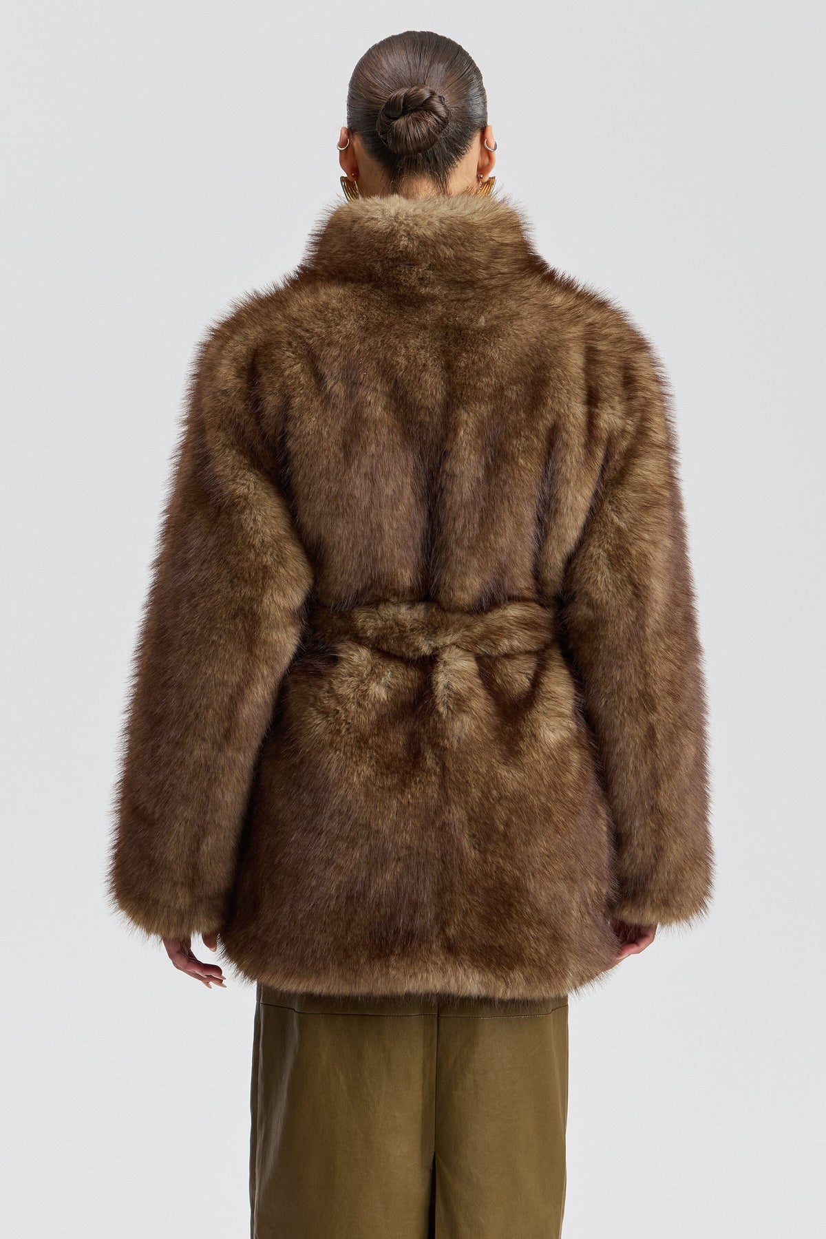 Long brown faux fur coat with a stand collar - Shop designer women's cute faux fur jackets by Avec Les Filles.