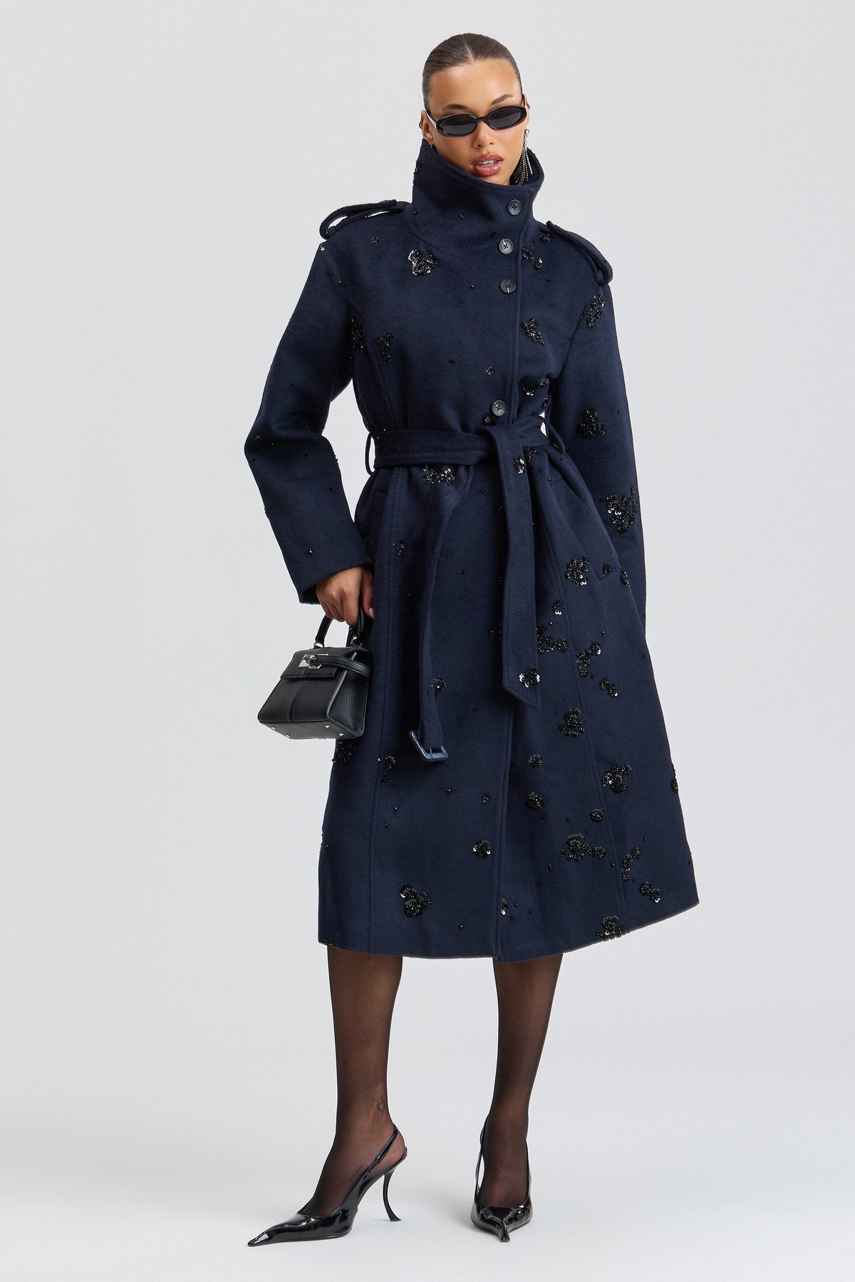 Navy trench coat with a high funnel collar and a removable belt - Shop designer women's trench coats by Avec Les Filles.