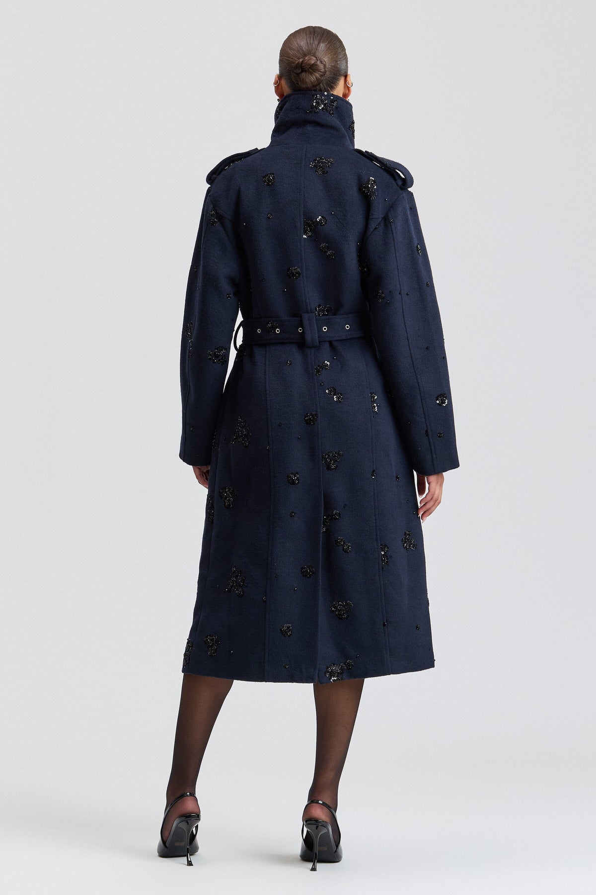 Sequin-embellished navy womens long coat with a high funnel collar - Shop designer trench coats by Avec Les Filles.