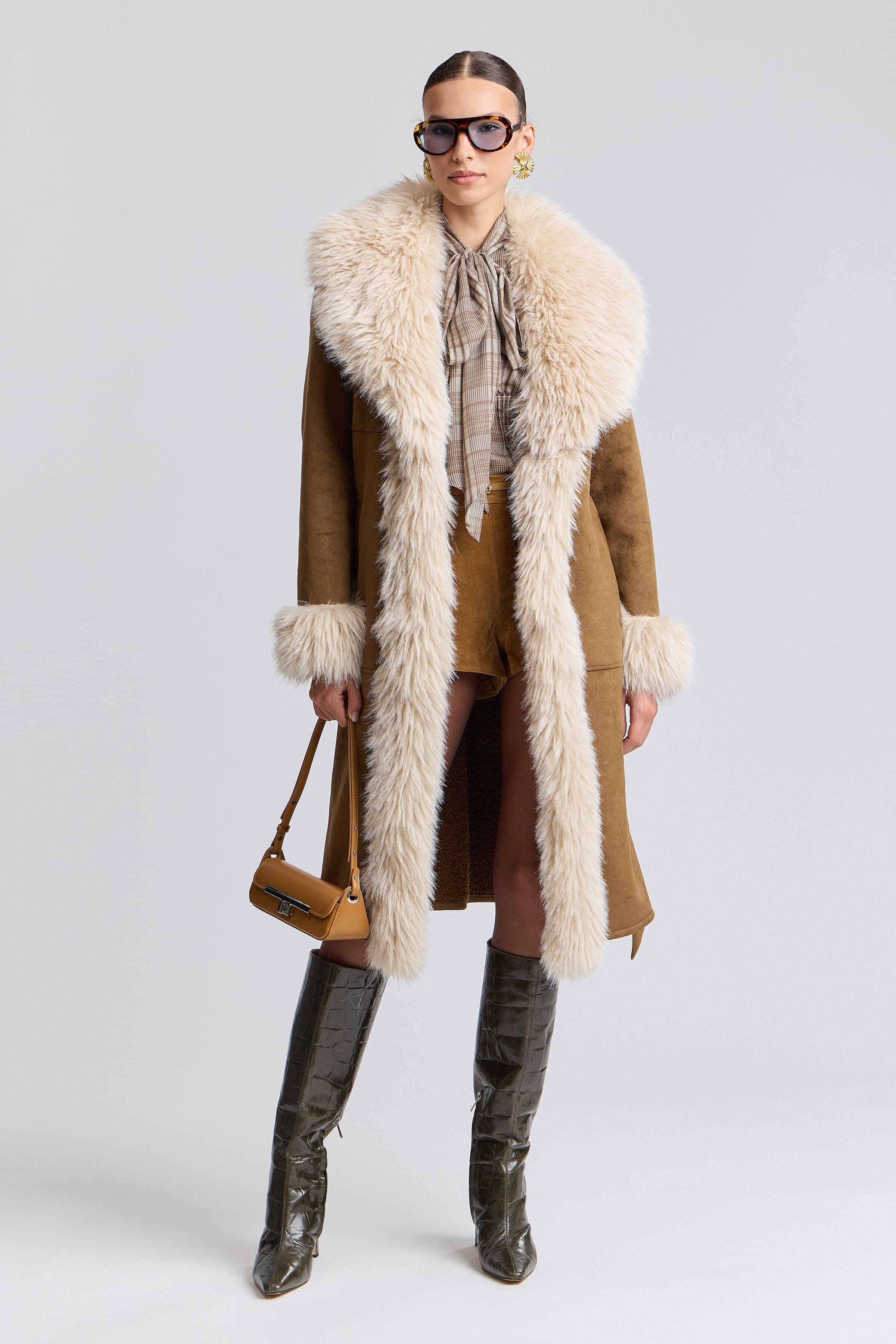 Faux suede shearling coat with long sleeves - Shop designer women's shearling coats by Avec Les Filles 