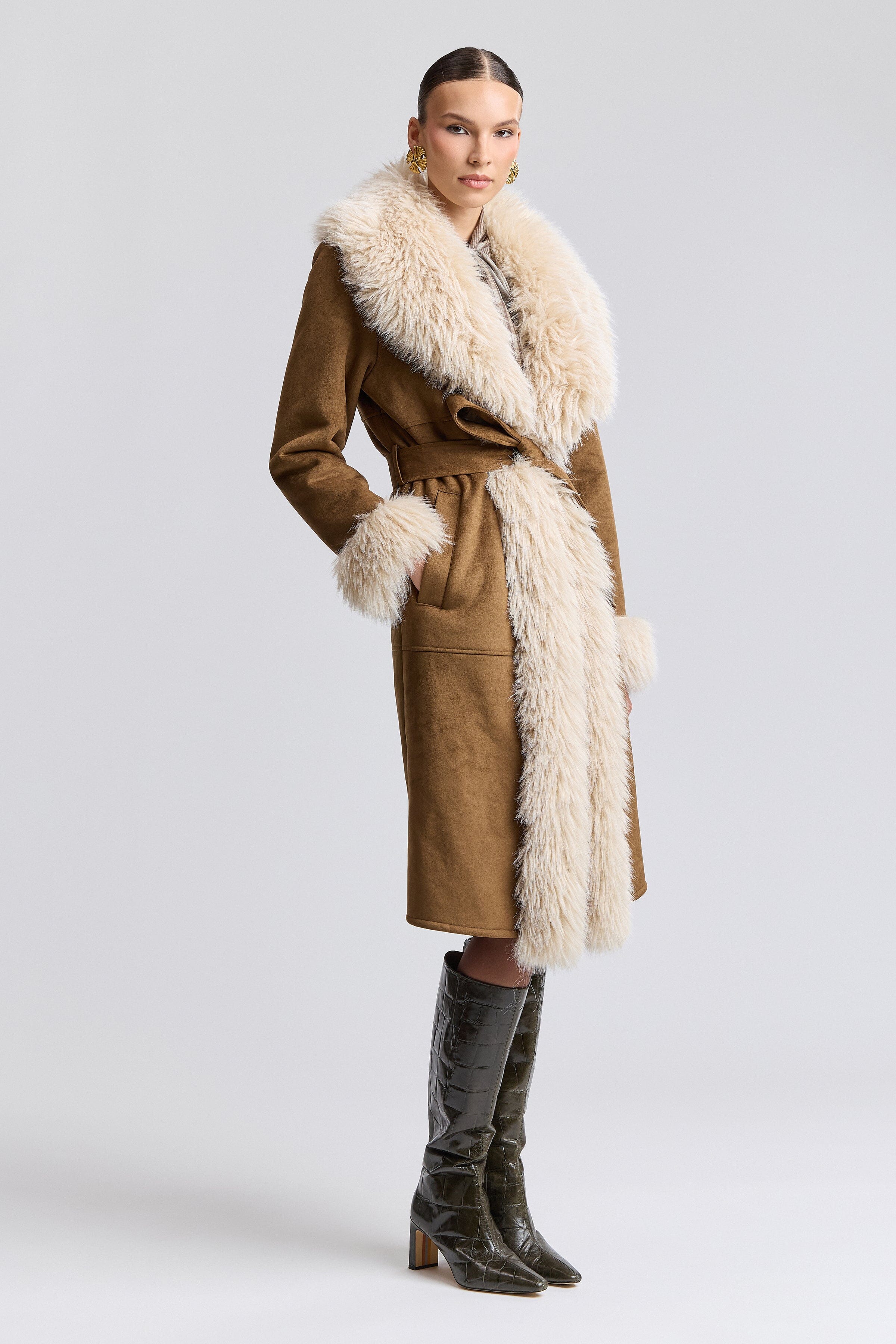 Light brown womens shearling coat with removable belt and long sleeves - Shop cute long coats by Avec Les Filles 