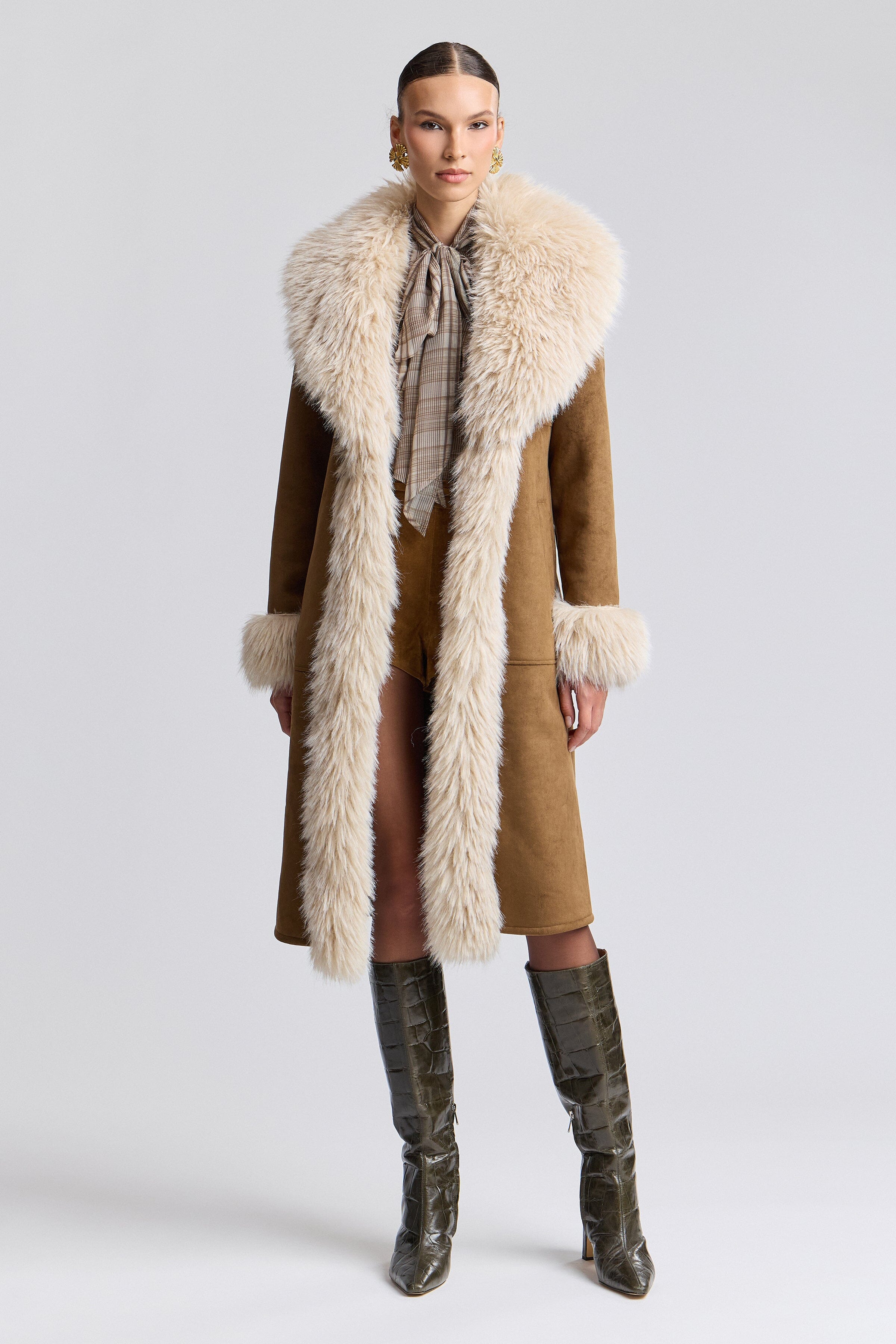 Faux suede shearling coat with removable belt and long sleeves - Shop women's long coats by Avec Les Filles.