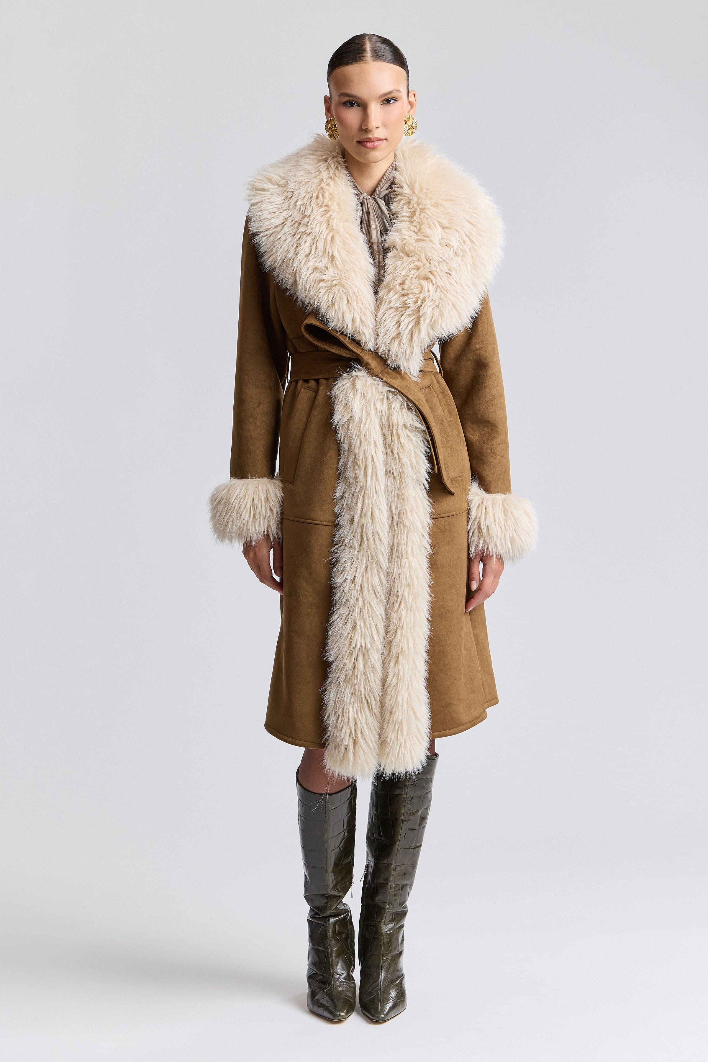 Faux suede faux shearling jacket with removable belt and long sleeves. Shop women's long coats by Avec Les Filles 