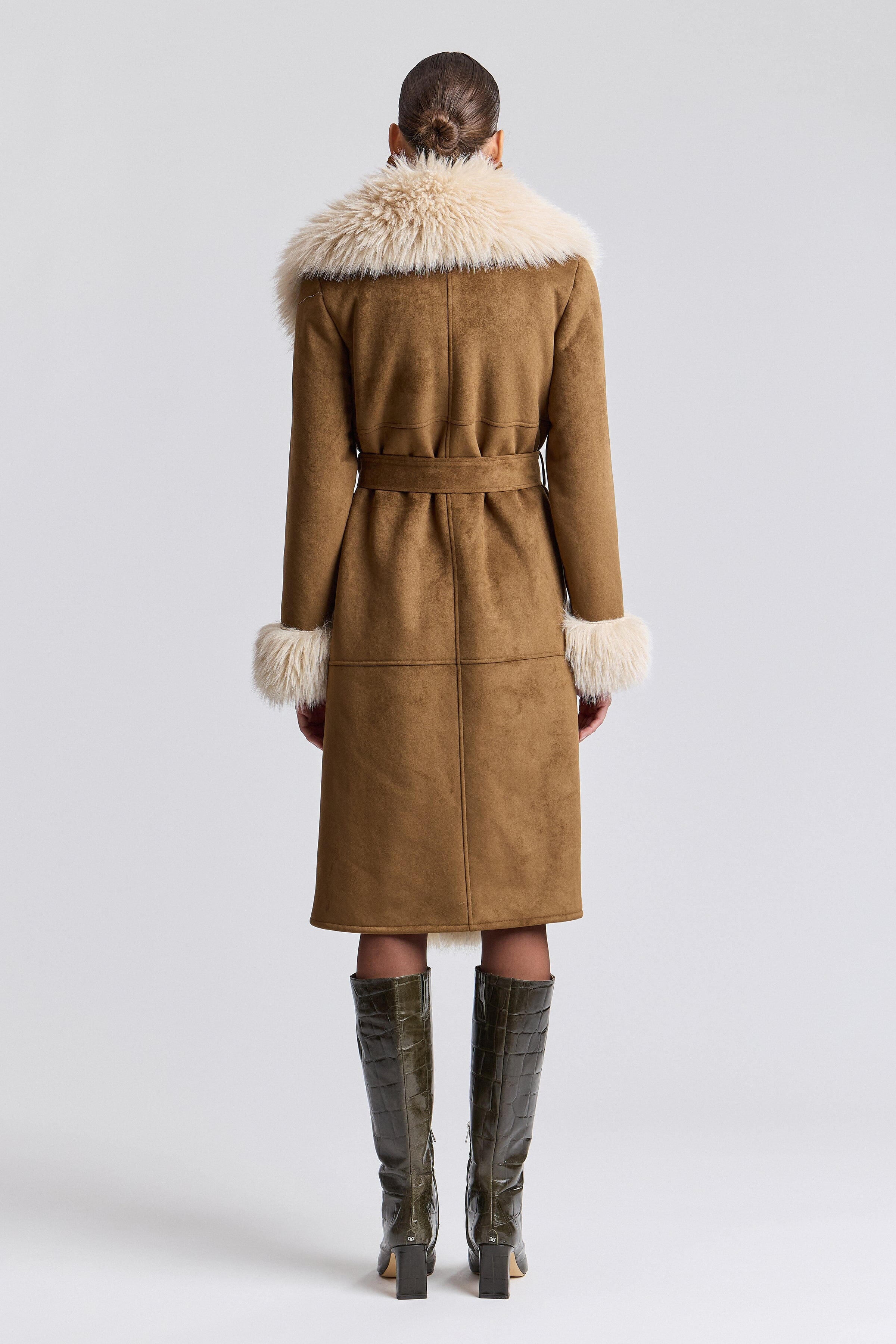 Faux suede shearling coat women with removable belt and long sleeves - Shop designer long coats by Avec Les Filles 