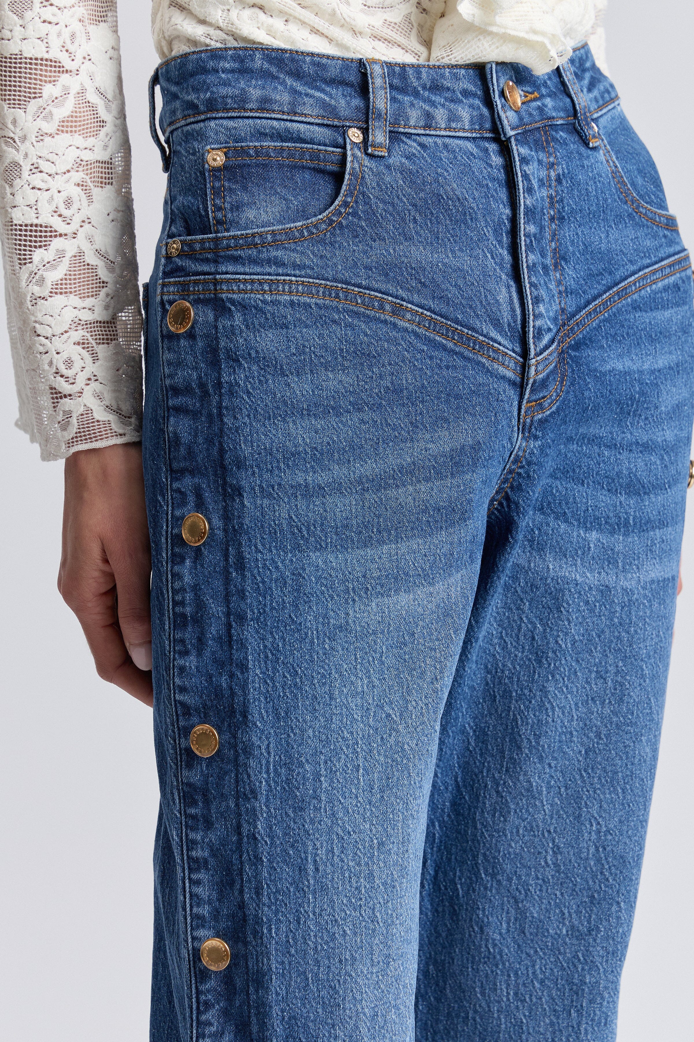 Embellished blue straight leg women's jeans with a high-rise waist. Shop cute denim jeans by Avec Les Filles.