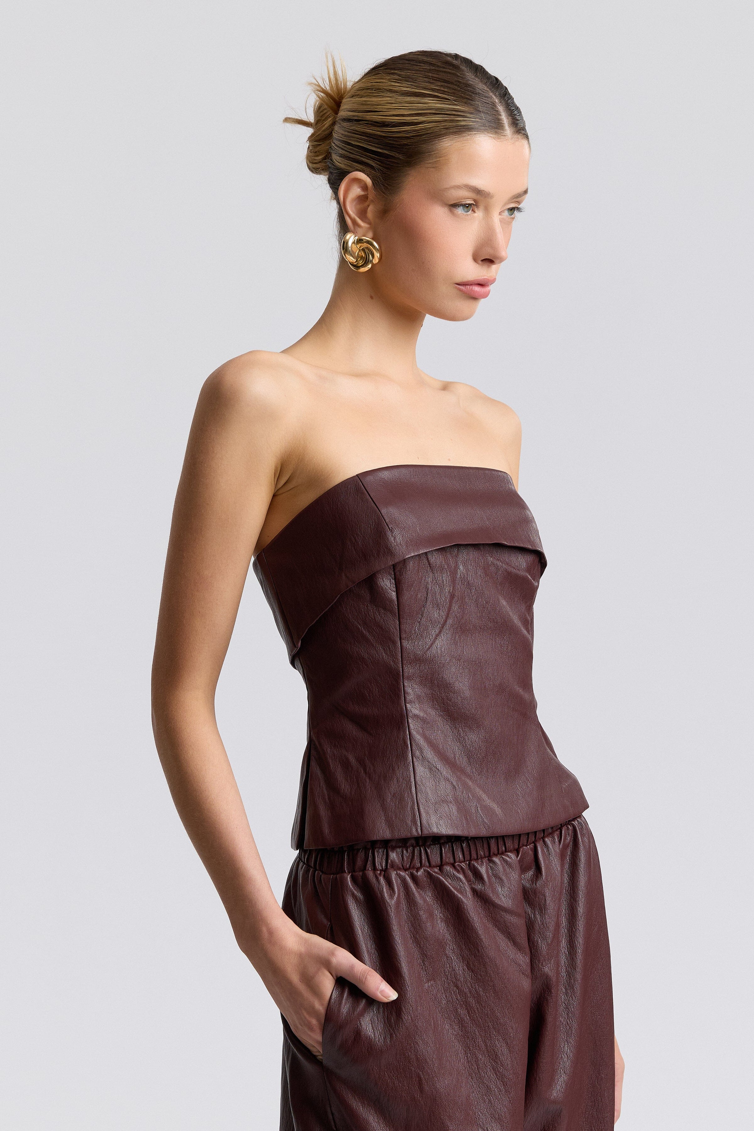 Dark brown faux leather top with foldover neck and side slits - Shop women's cute tube tops by Avec Les Filles.