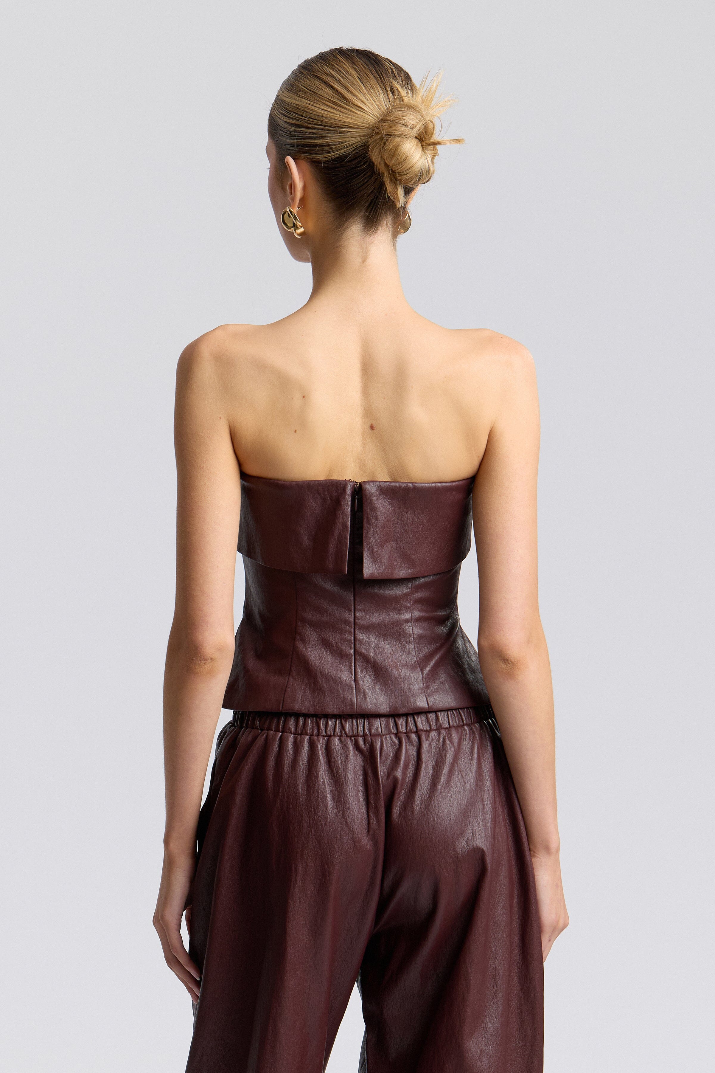 Dark brown faux leather strapless top with side slits - Shop women's sexy leather tops by Avec Les Filles.