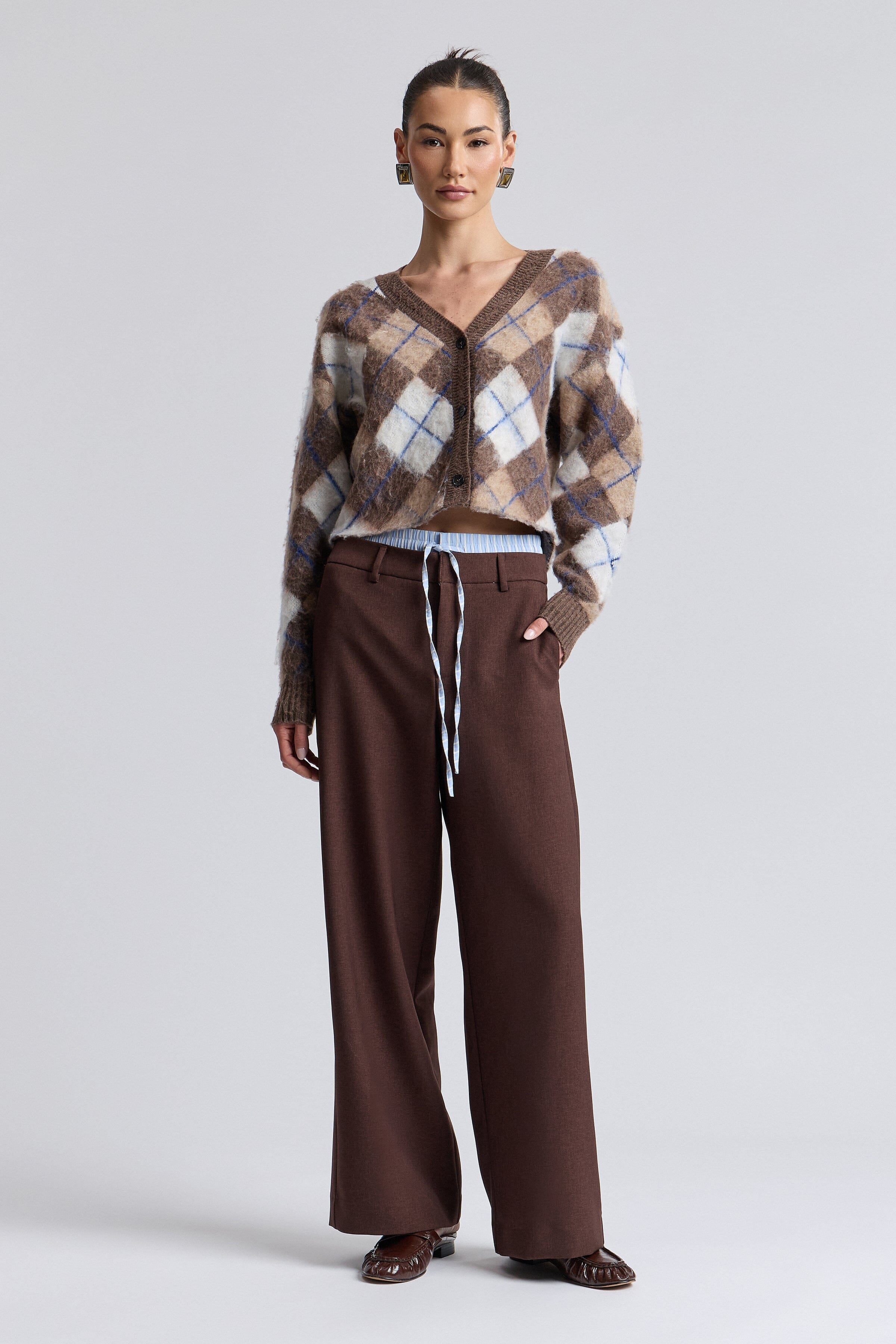 Layered waistband brown wide leg pants with high-rise waist and belt - Shop womens brown pants by Avec Les Filles.