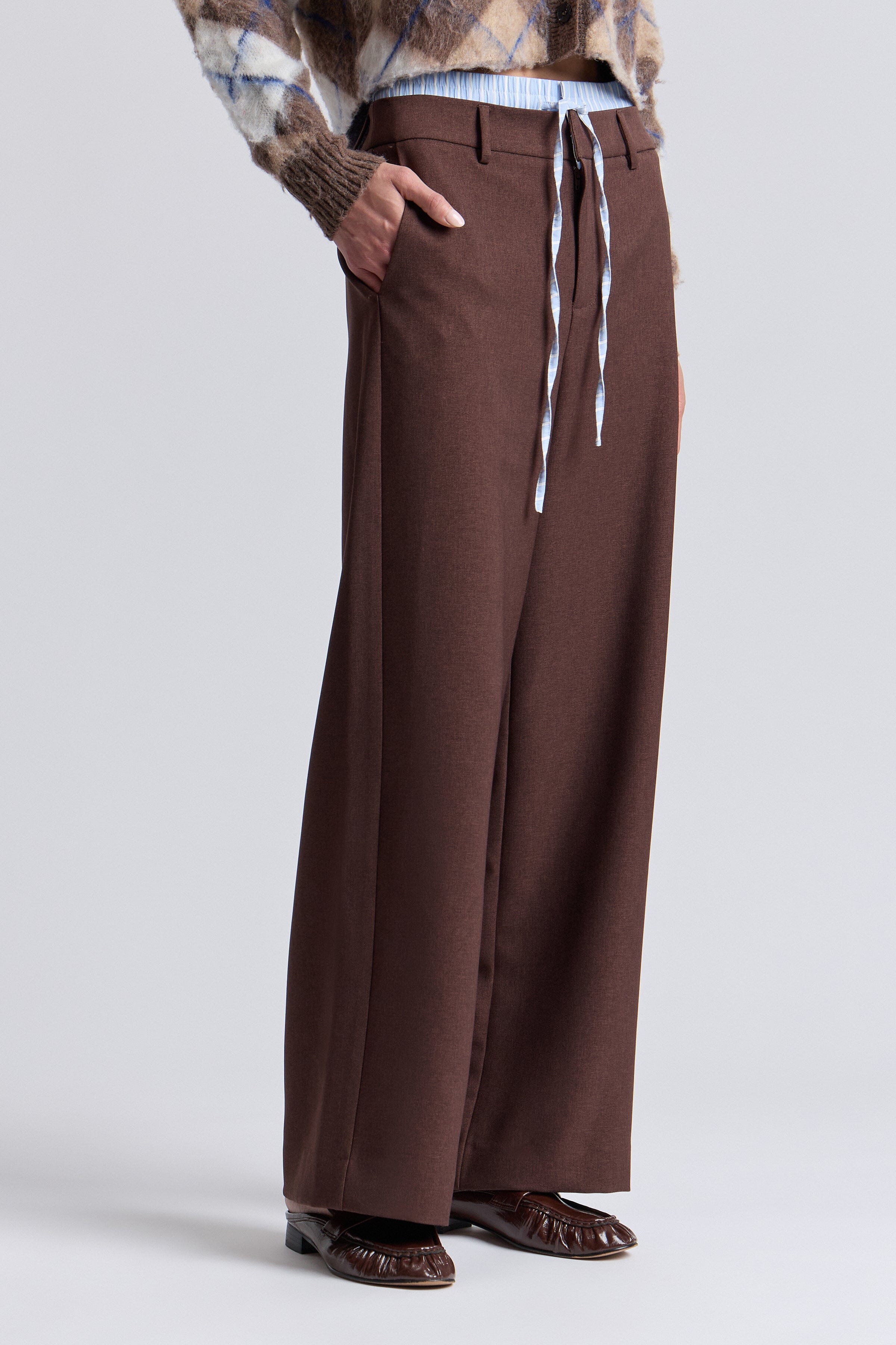 Layered waistband brown wide leg pants with a high-rise waist and belt - Shop womens wide leg pants by Avec Les Filles.