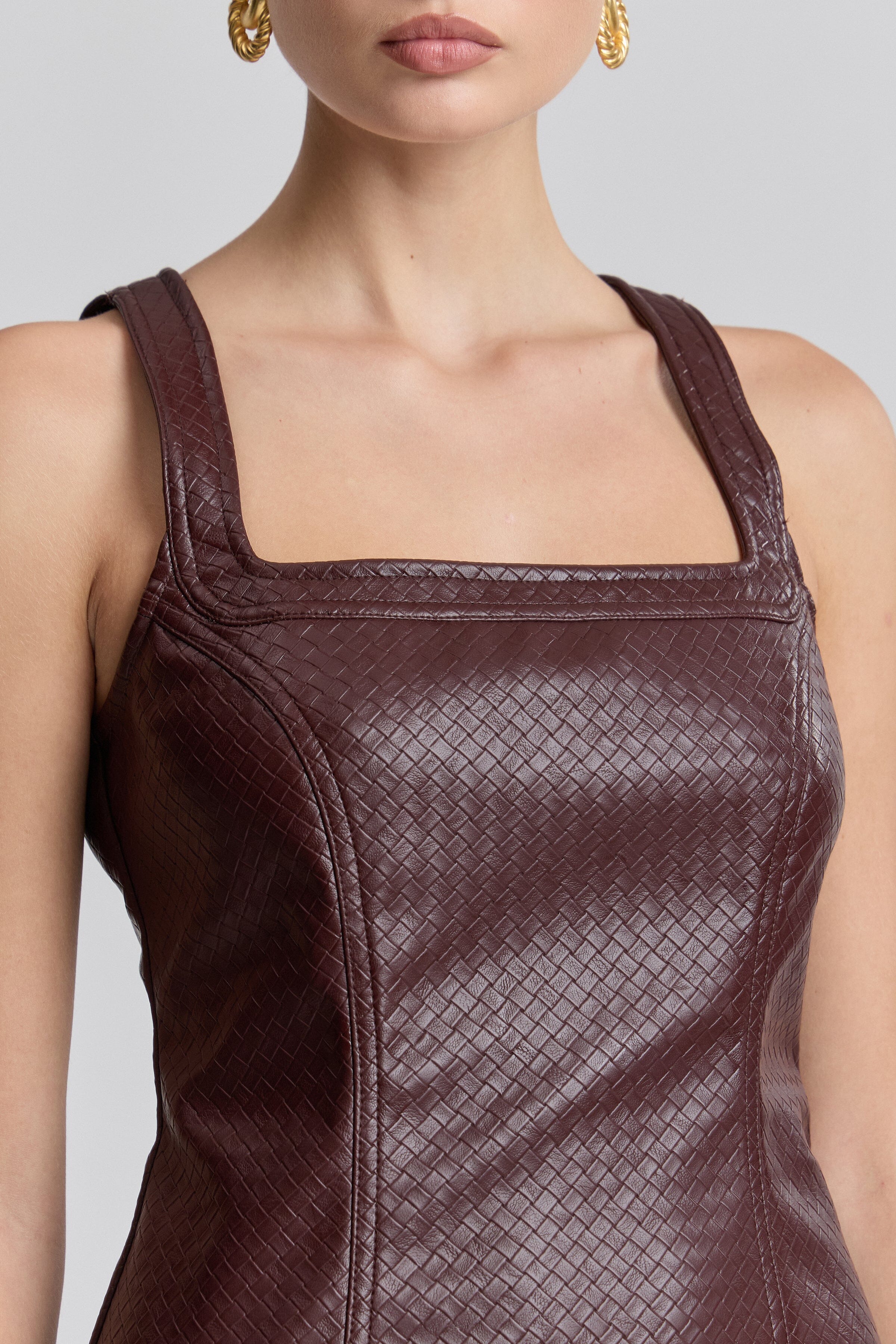 Basketweave burgundy bodycon leather mini dress with wide shoulder straps - Shop cute mini dresses by Avec Les Filles.