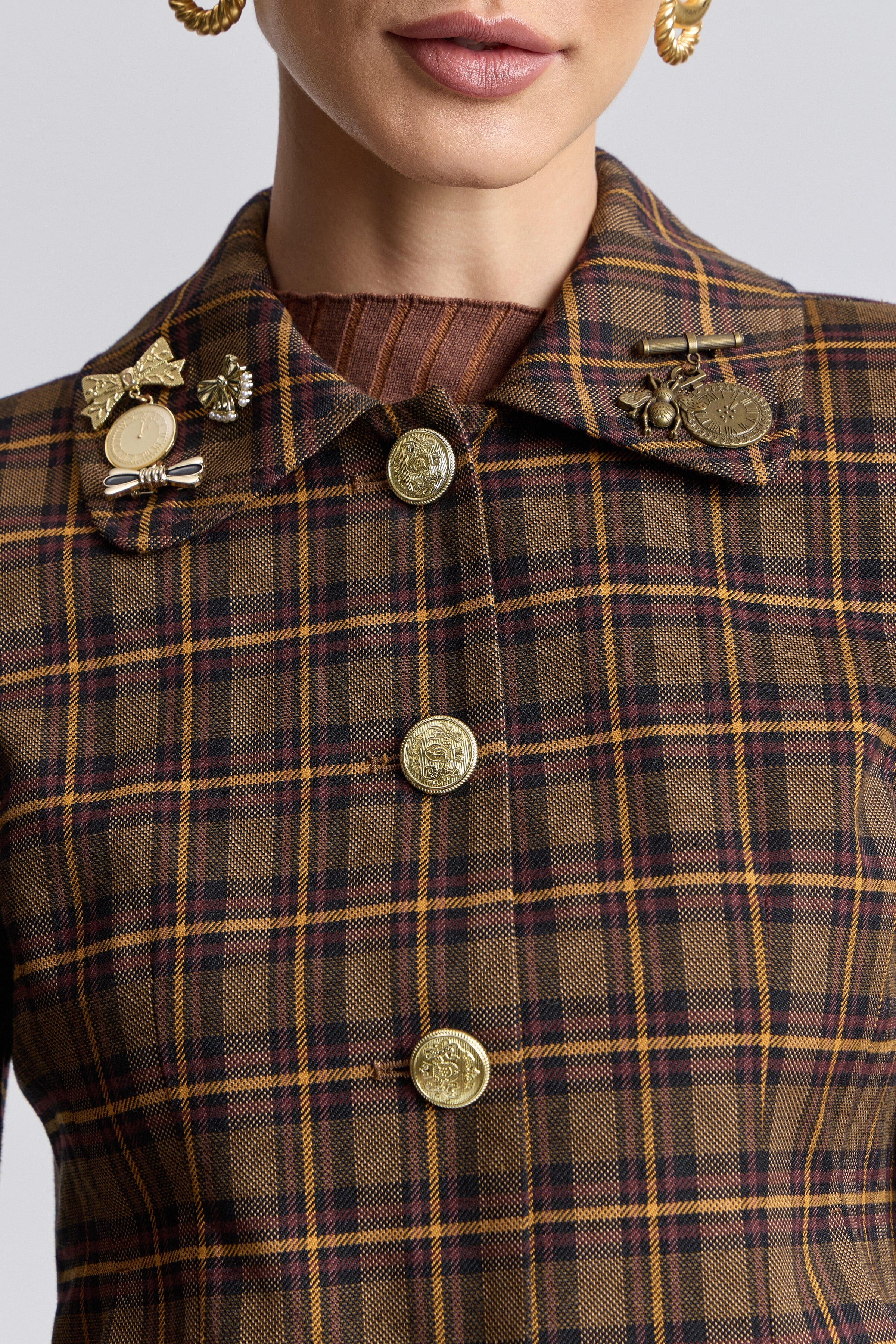 Novelty pin brown plaid jacket for women with front button and point collar - Shop women's plaid jackets by Avec Les Filles.