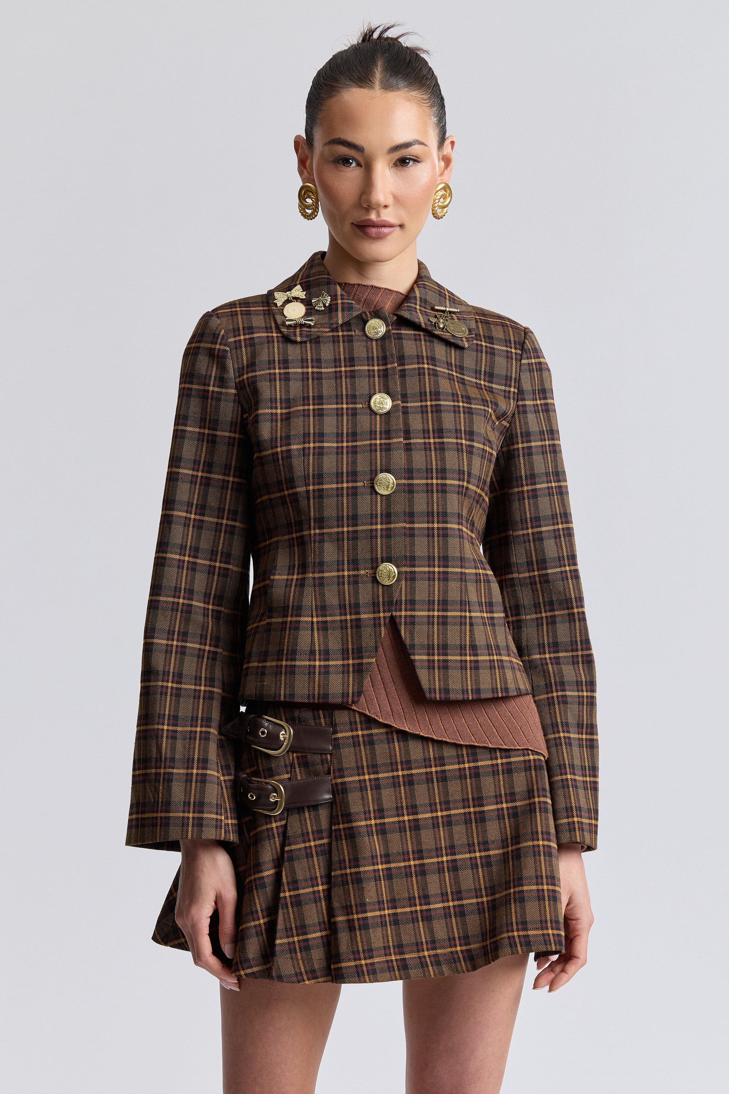 Novelty pin brown plaid jacket women with front button and long bell sleeves - Shop cute plaid jackets by Avec Les Filles.