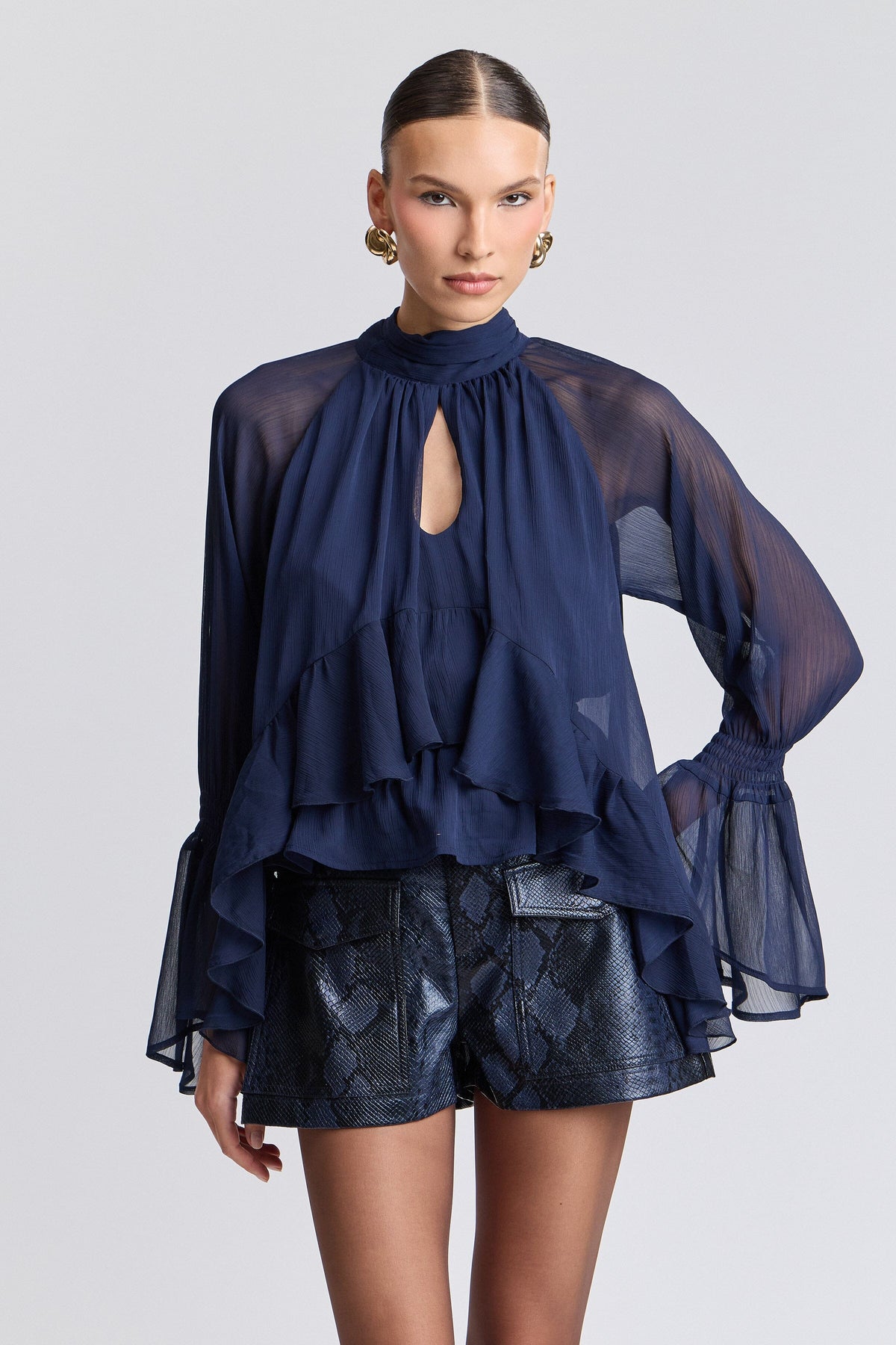Tie-neck navy blouse chiffon with high-low layered hem - Shop women's cute navy blue tops by Avec Les Filles.
