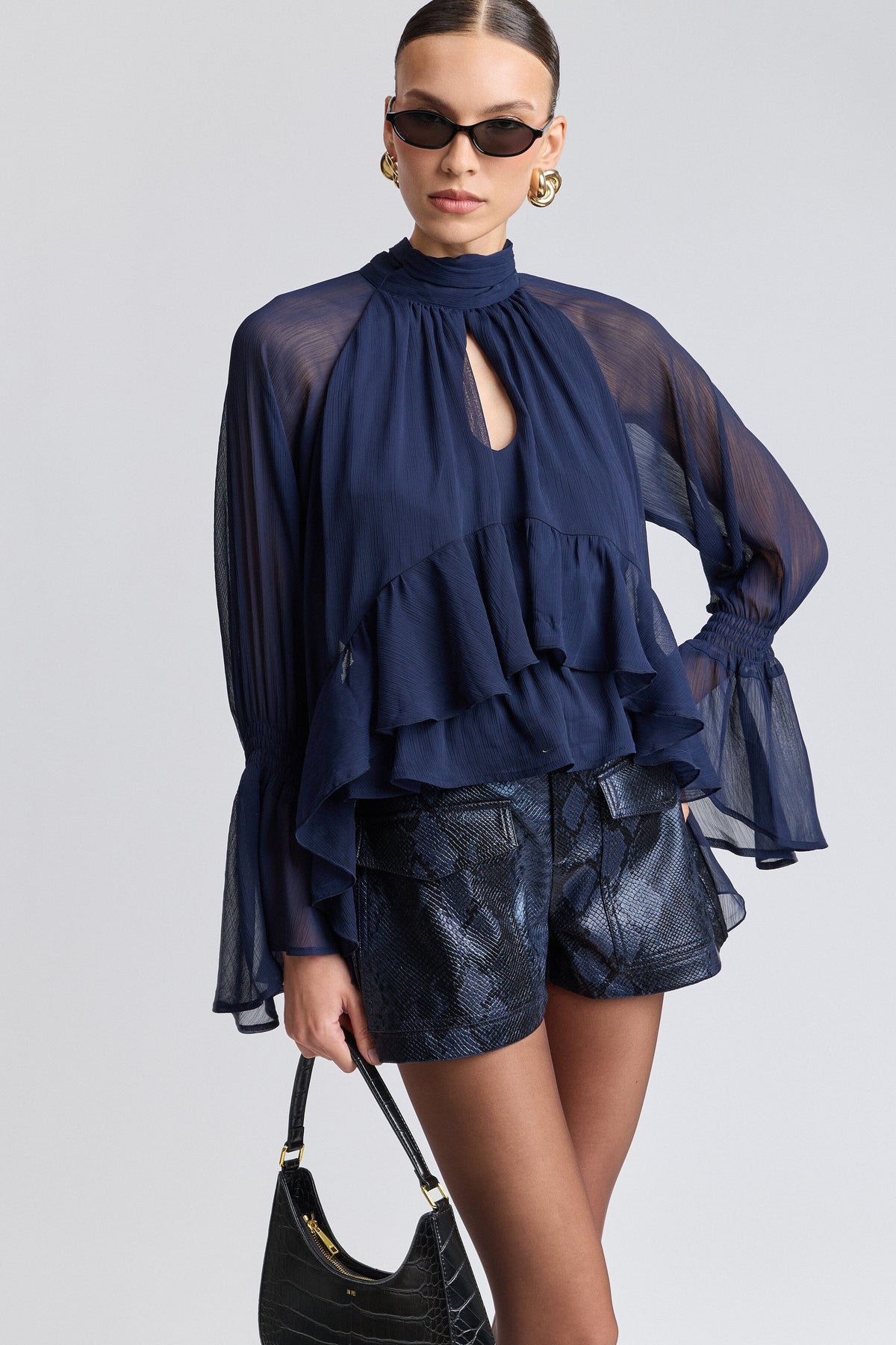 Ruffle tie-neck navy chiffon blouse women with long sleeves - Shop cute navy blue tops by Avec Les Filles.