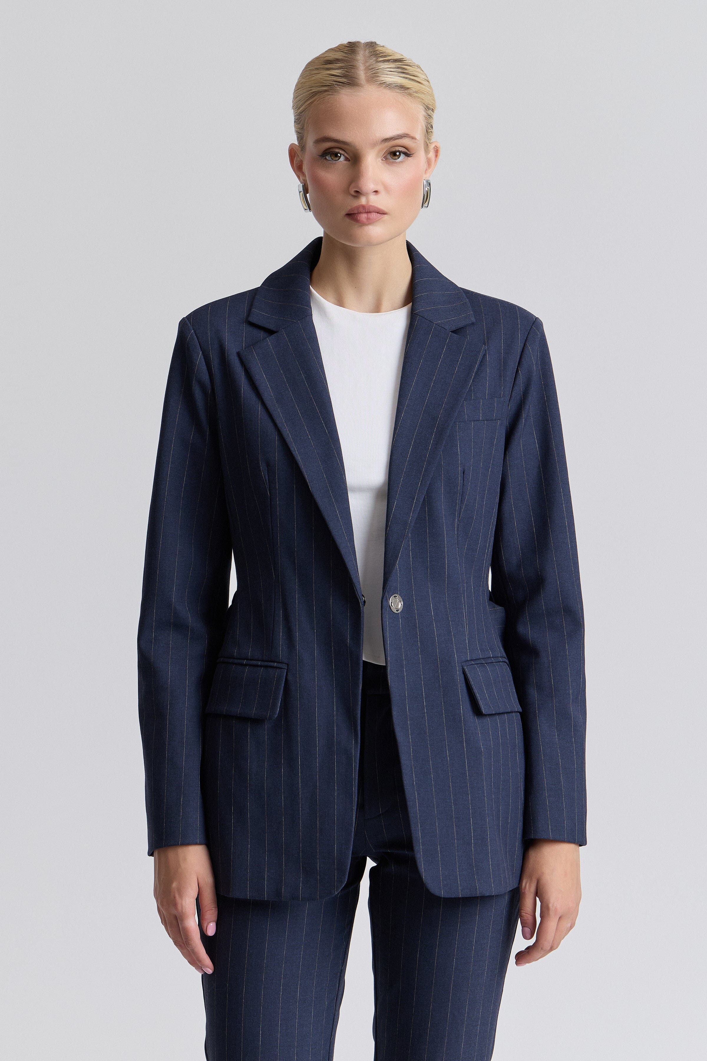 Pinstripe navy blazer​ with long sleeves and a removable belt - Shop women's cute blazer jackets by Avec Les Filles