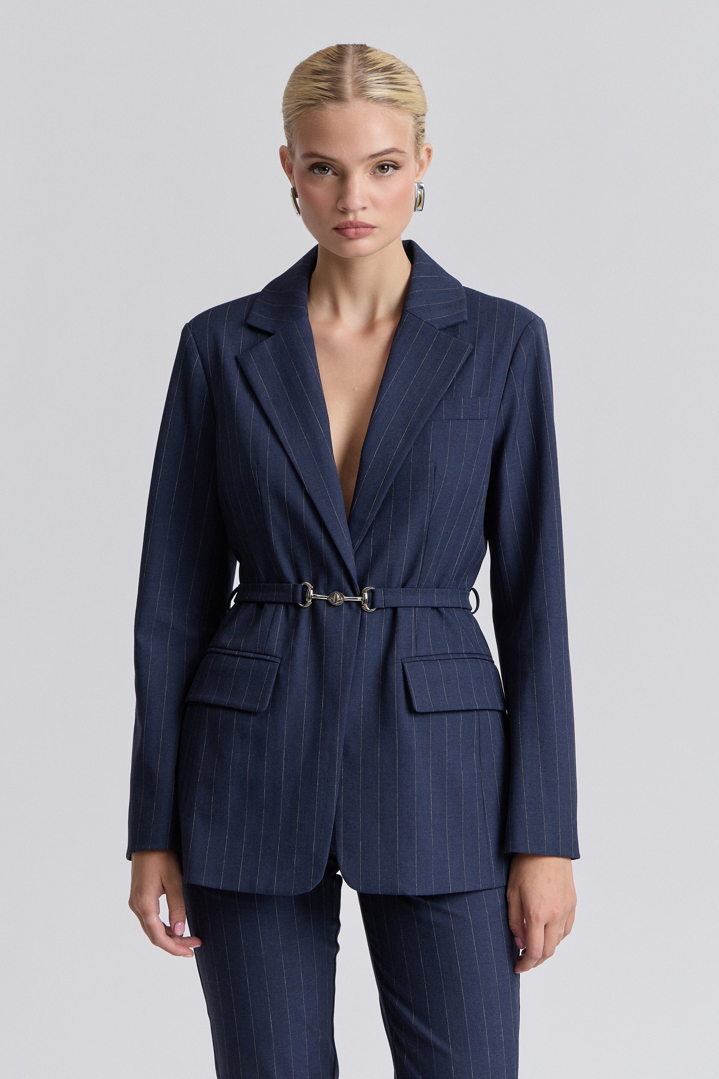 Navy pinstripe​ blazer with long sleeves and a removable belt - Shop women's cute blazer jackets by Avec Les Filles