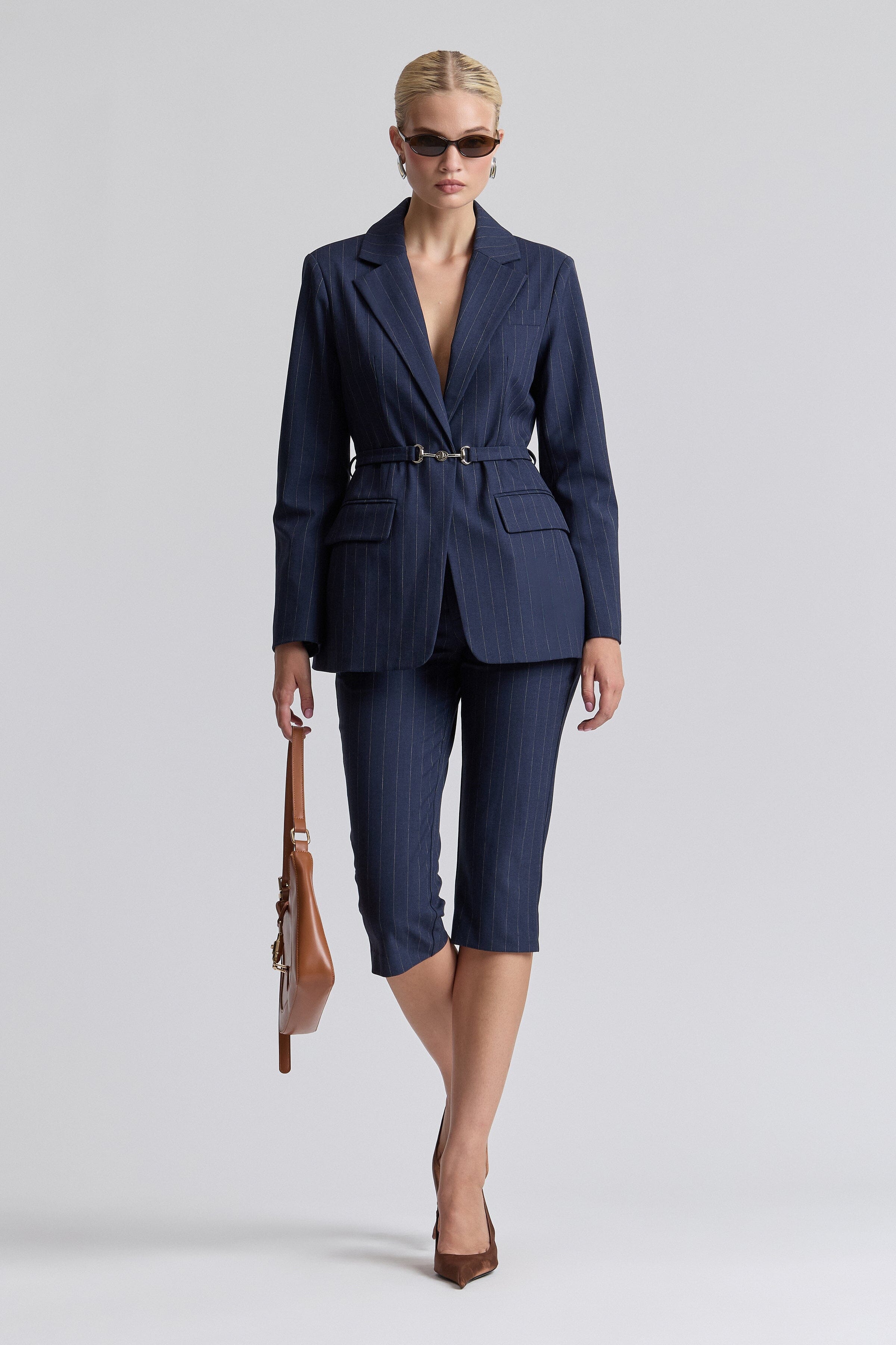 Navy blue pinstripe blazer womens​ with long sleeves and a removable belt - Shop cute blazer jackets by Avec Les Filles