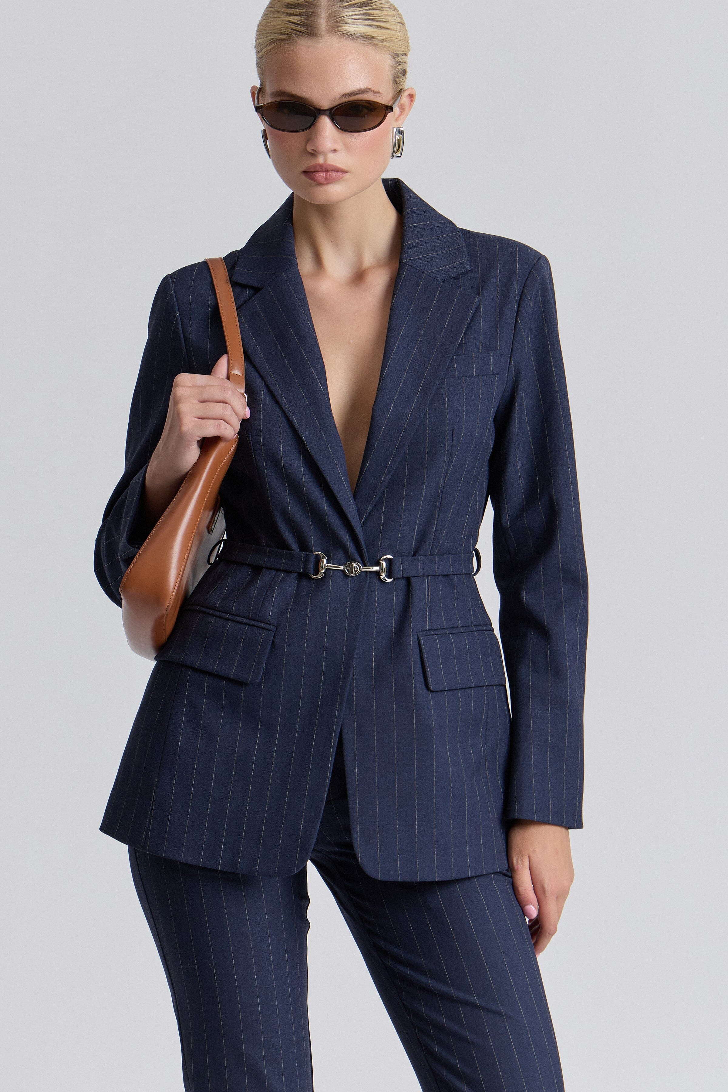 Ladies navy pinstripe blazer​ with long sleeves and removable belt - Shop cute blazer jackets by Avec Les Filles