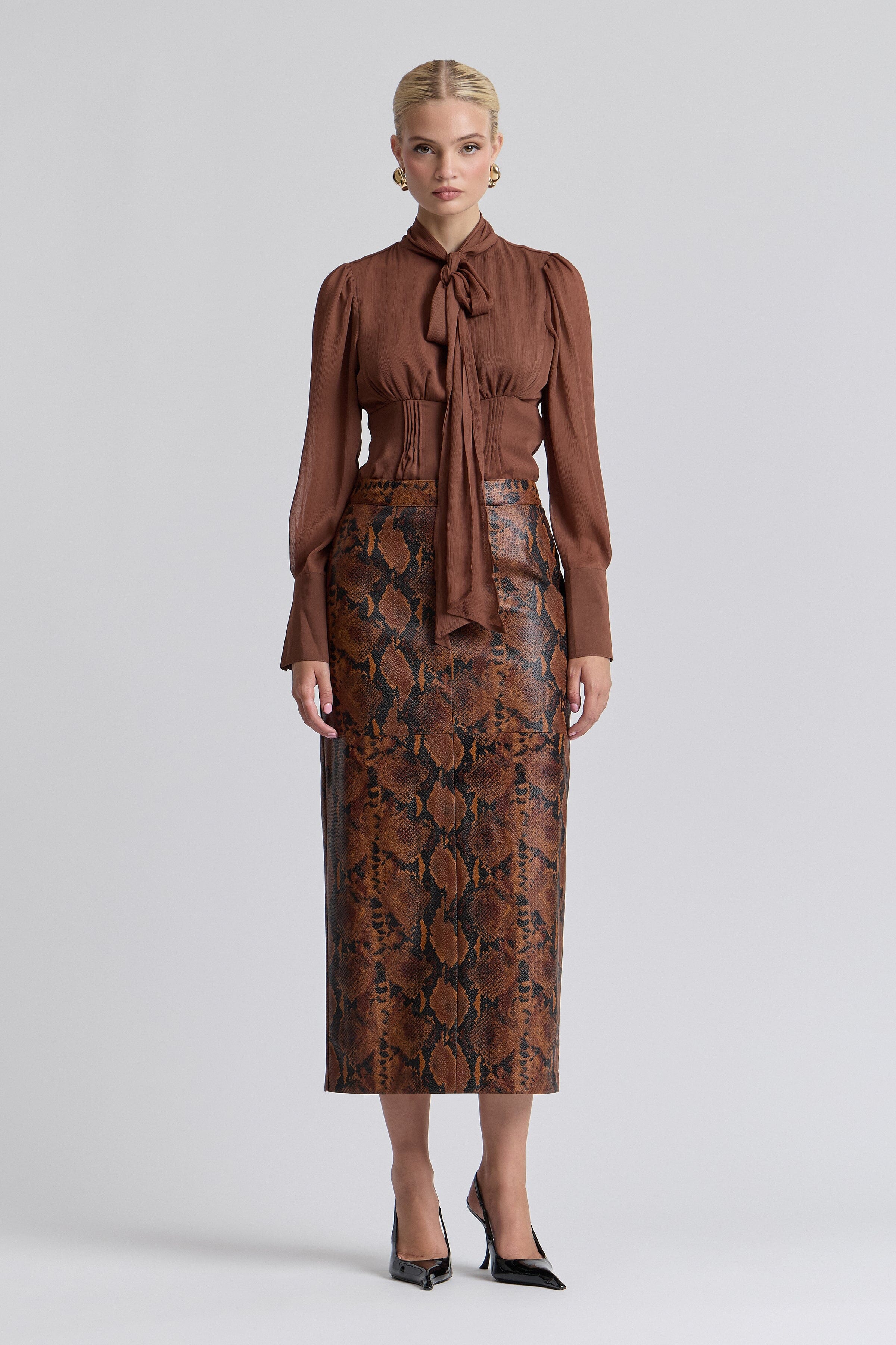 Brown snake print midi skirt faux leather with structured waistband - Shop designer women's maxi skirts by Avec Les Filles.