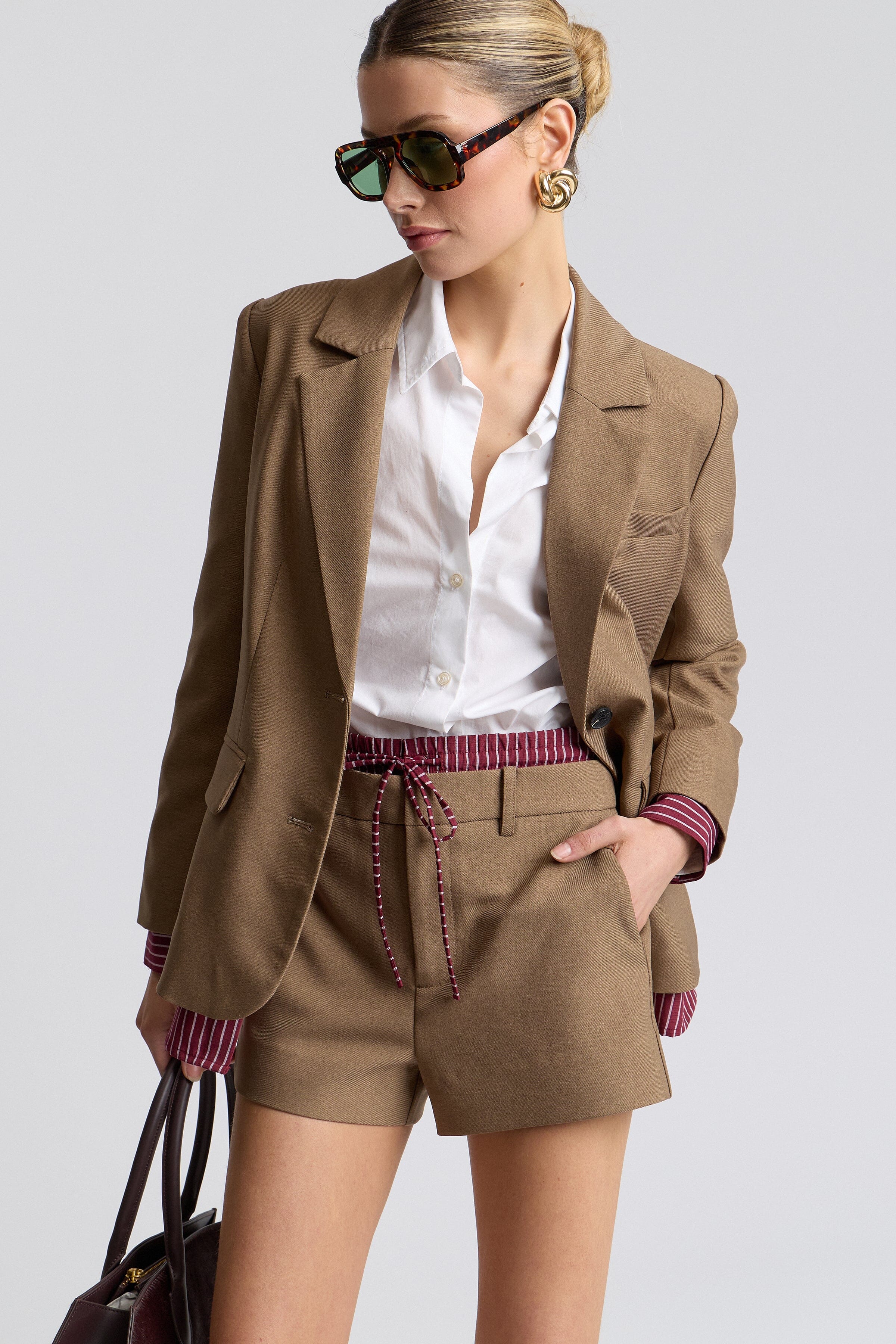 Brown high waisted shorts with light brown blazer and a drawstring - Shop women's brown shorts by Avec Les Filles.