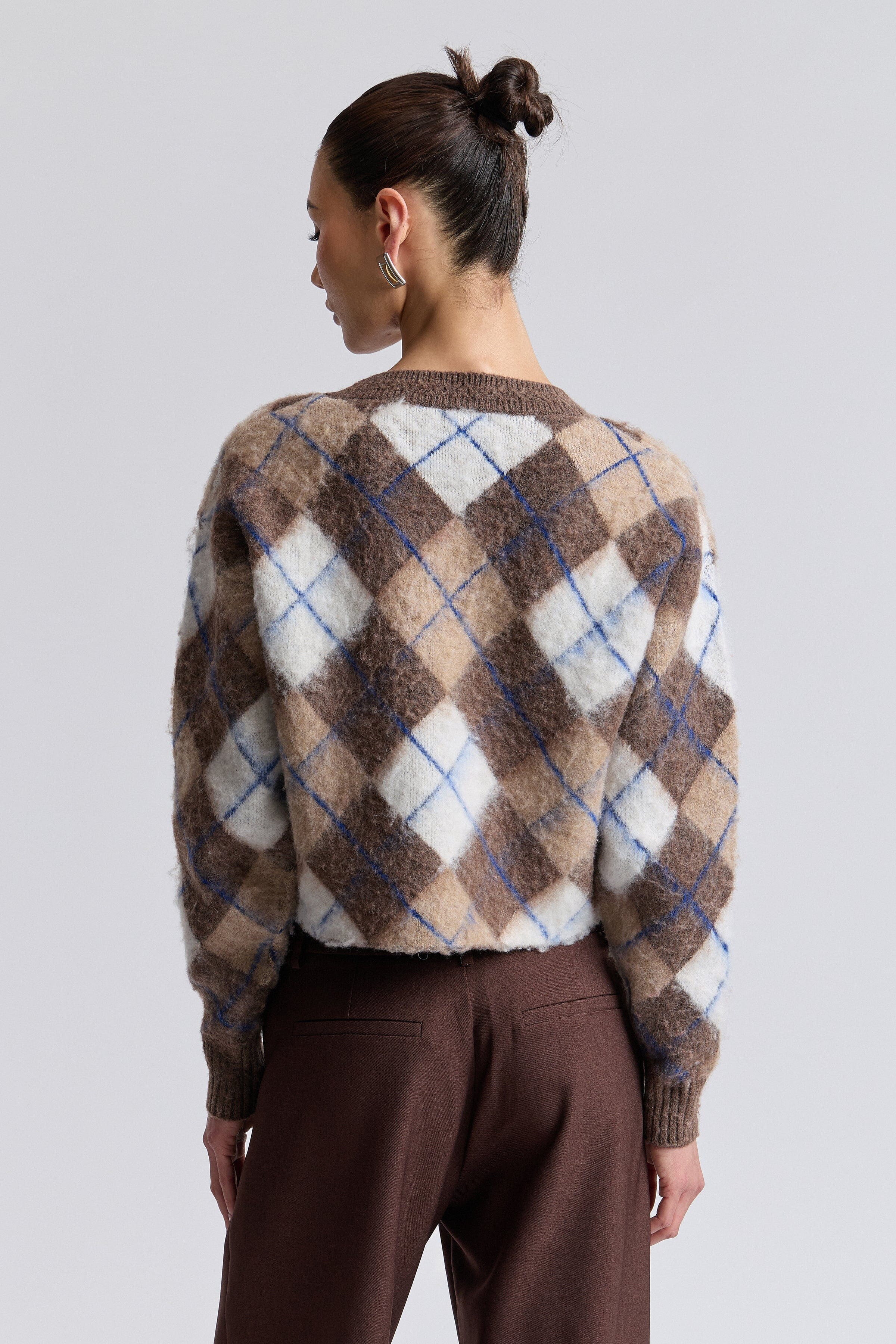 Jacquard brown argyle crop sweater with long balloon sleeves - Shop women's cute cropped cardigan by Avec Les Filles.