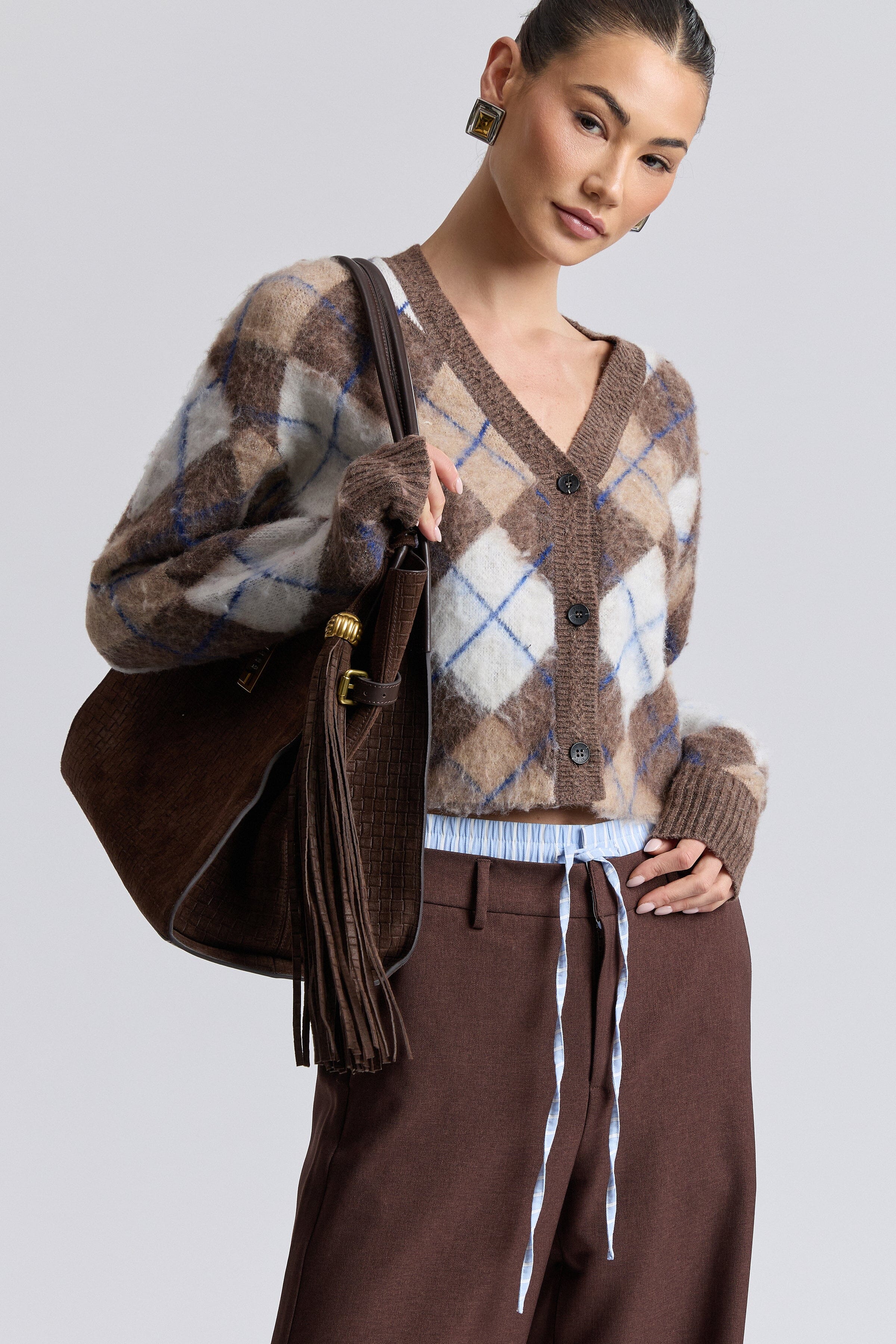 Jacquard brown argyle sweater with a button front - Shop women's cute cropped cardigan by Avec Les Filles.