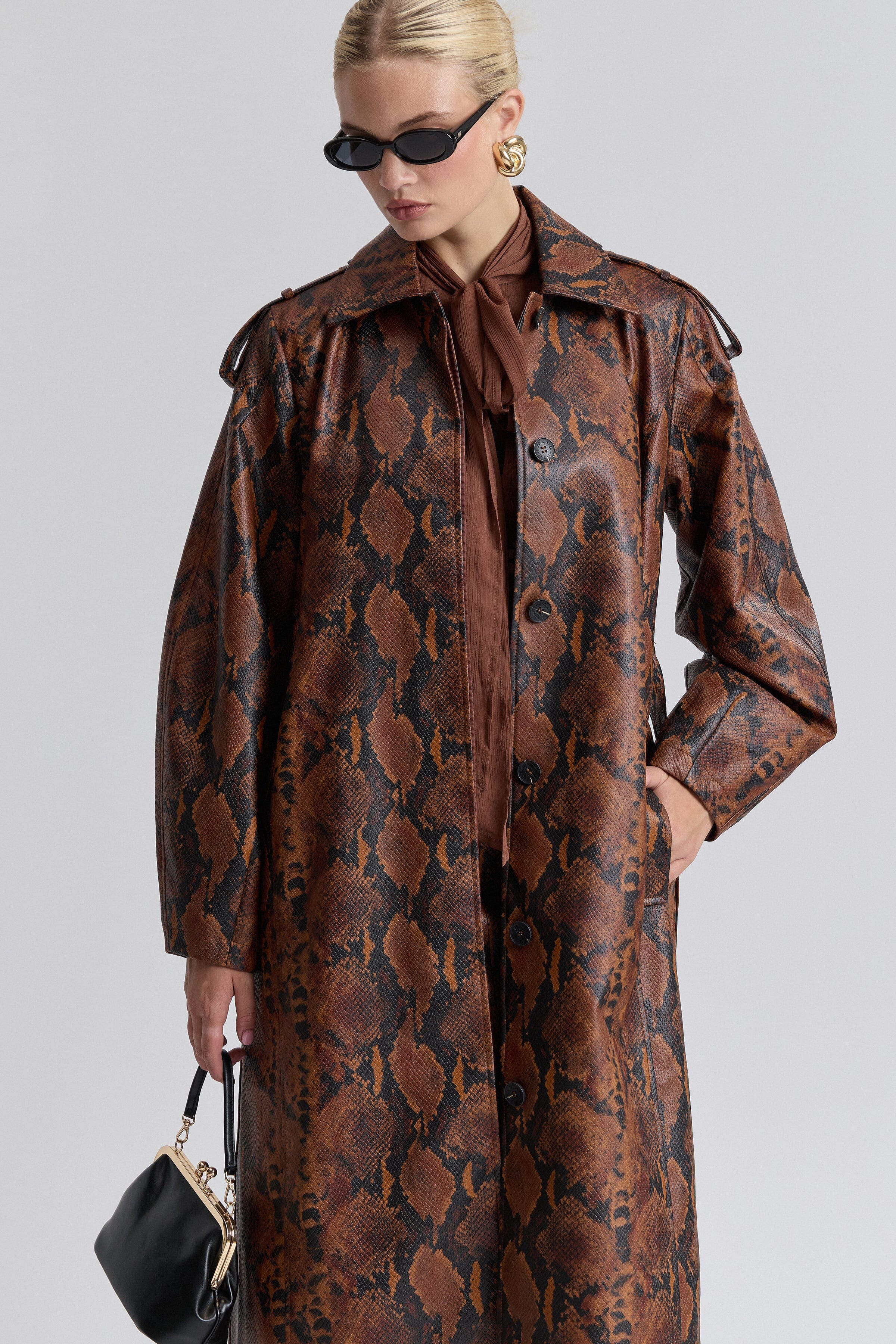Faux leather brown snake print trench coat with long barrel sleeves - Shop womens trench coat by Avec Les Filles.