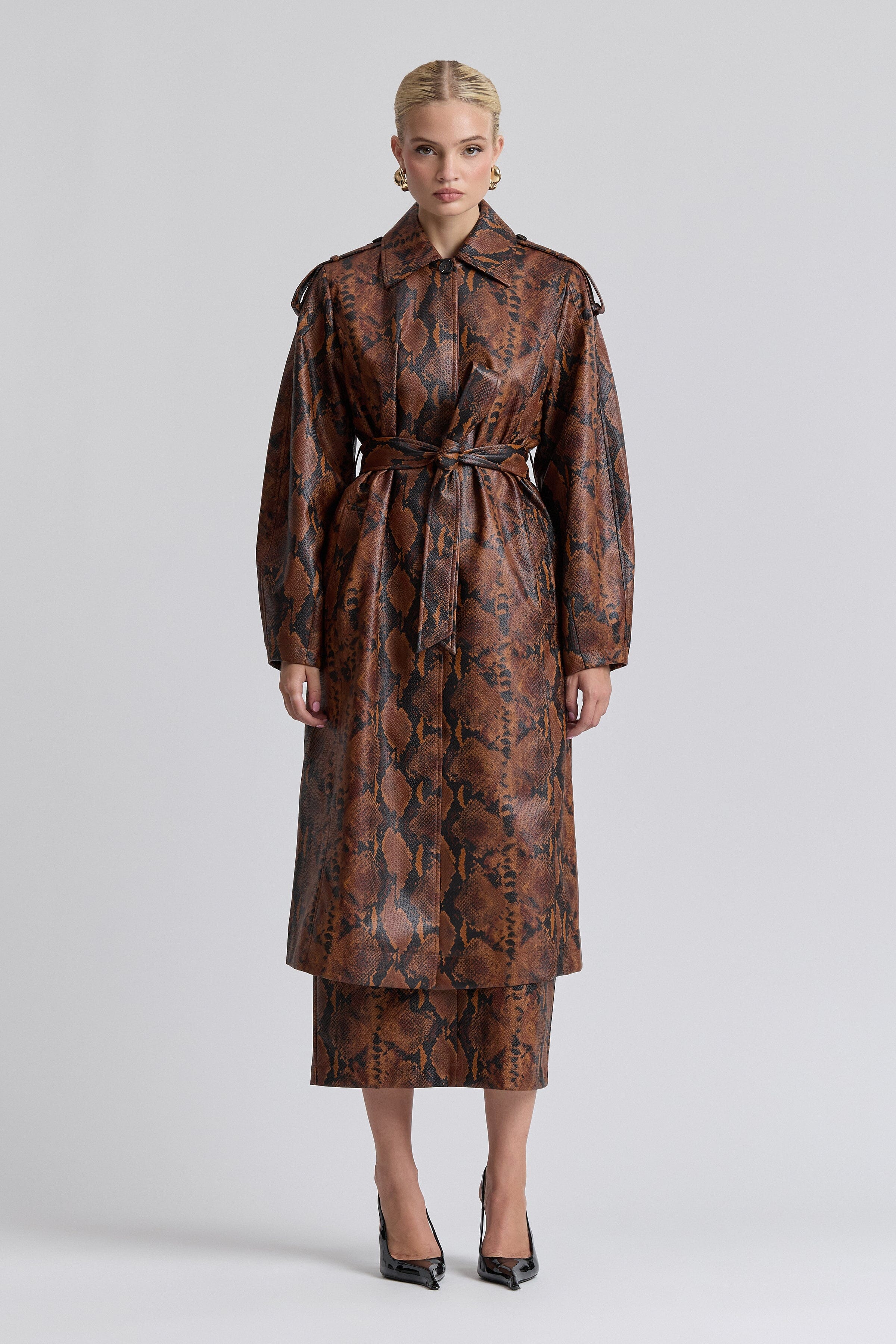 Brown long trench coat with long barrel sleeves and removable belt - Shop women's trench coats by Avec Les Filles.