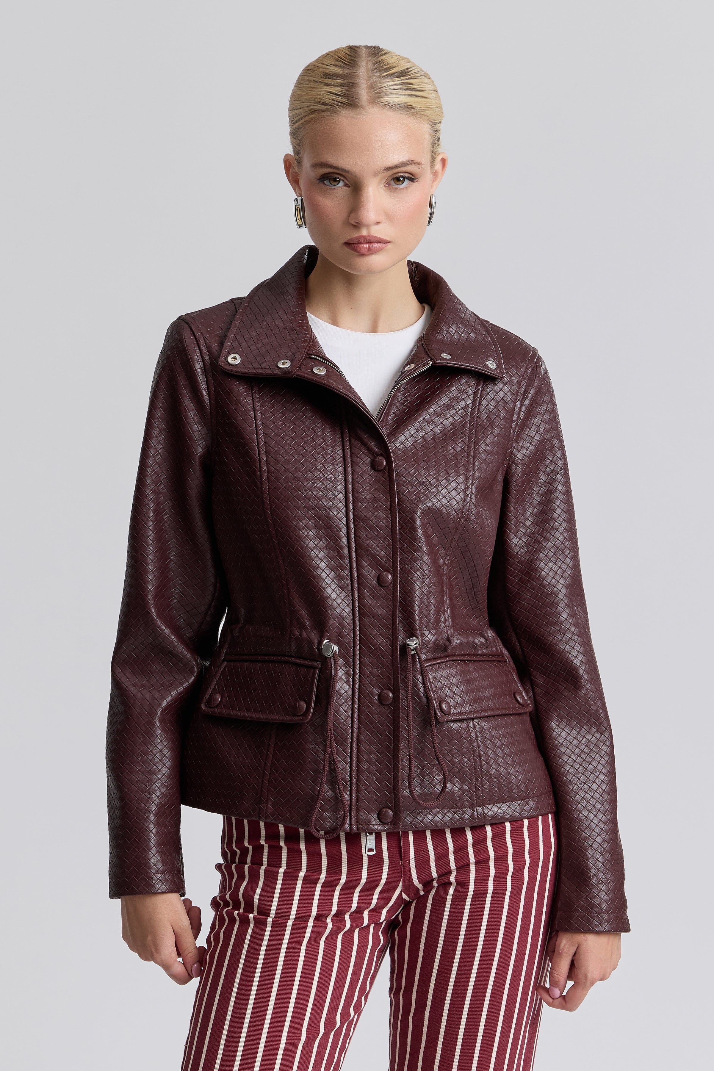 Burgundy cropped faux leather jacket with adjustable waist and zip-front - Shop women's crop jackets by Avec Les Filles.
