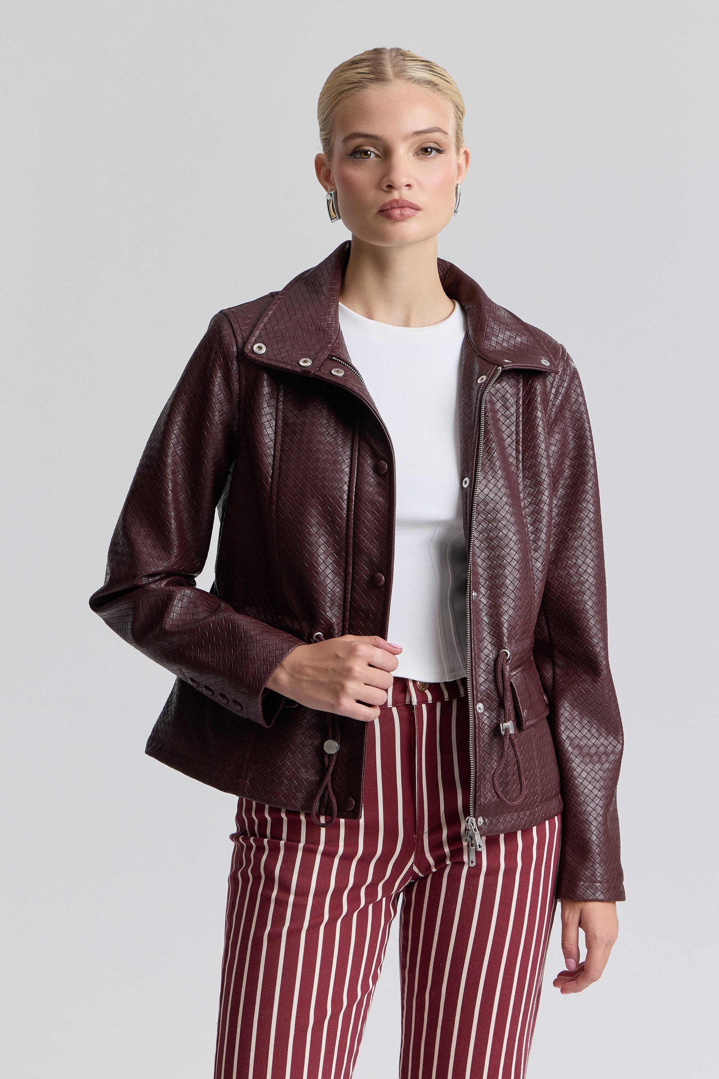 Burgundy faux leather crop jacket with adjustable waist and zip-front - Shop cute crop jackets by Avec Les Filles.